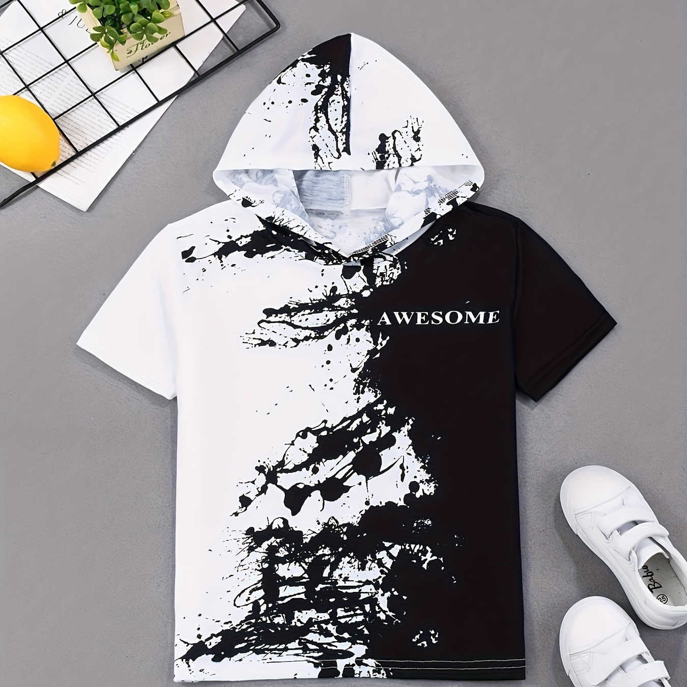 

Splash Ink Awesome Letter Print Hooded T-shirt, Tees For Boys, Casual Short Sleeve T-shirt For Summer Spring Fall