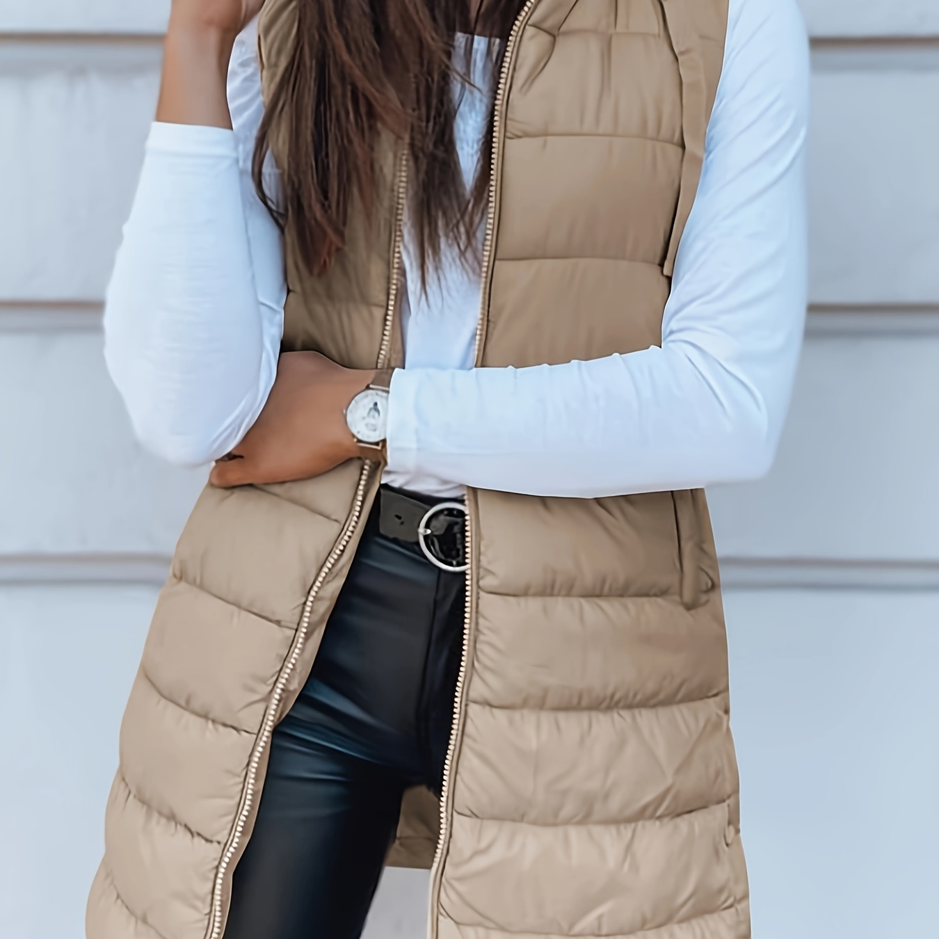 

Women Long Vest Solid Color Sleeveless Hood Winter Puffer Vest Outwear