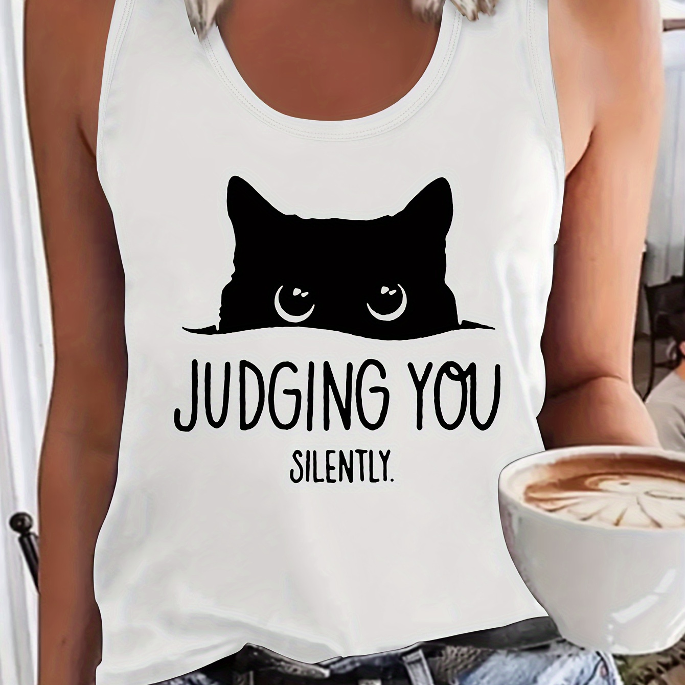 

Letter & Cat Print Tank Top, Sleeveless Crew Neck Casual Top For Summer & Spring, Women's Clothing