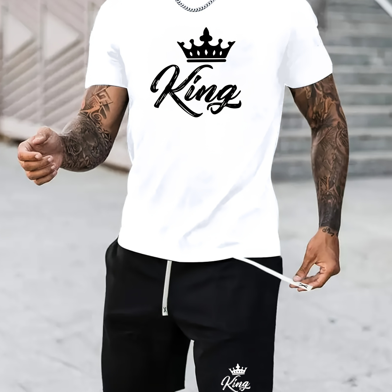 

King And Crown Print Men's Short Sleeve T-shirt & Drawstring Shorts 2pcs Casual Sports Regular Top Pants Suit Outfits For Spring Summer