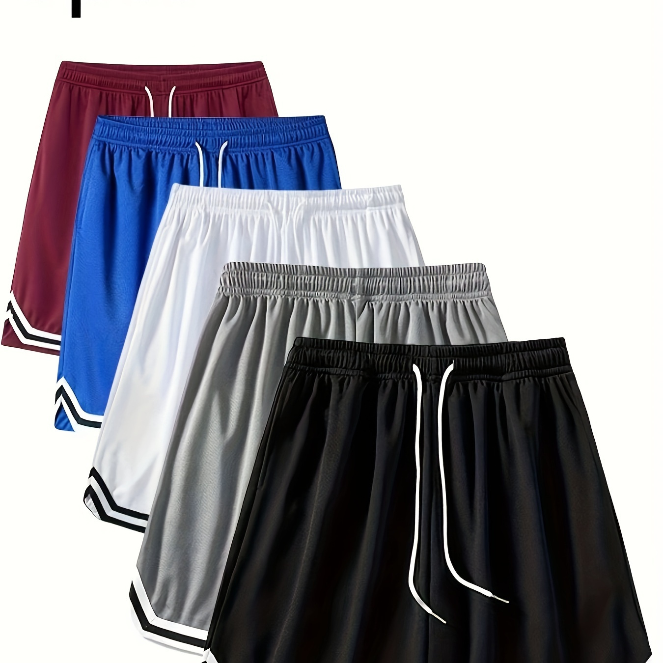 

5pcs Men's Striped Trim Basketball Shorts With Drawstring, Casual Trendy Fitness Shorts For Summer Outdoors