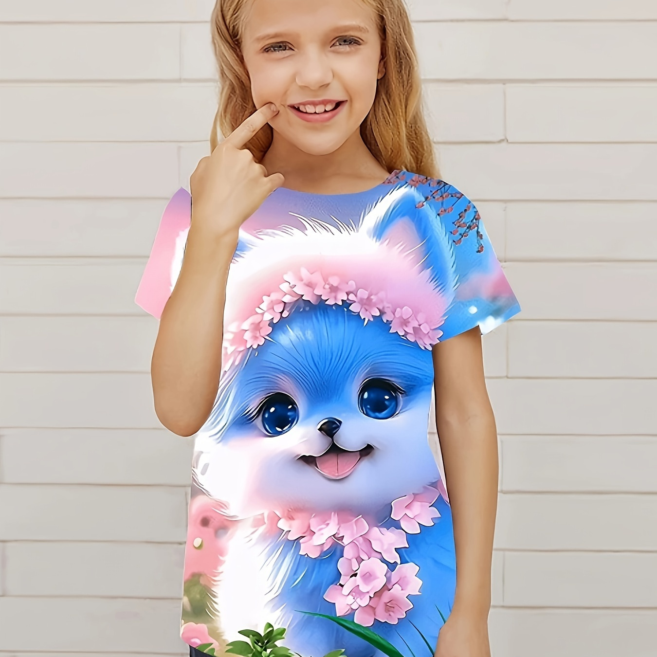 

Sweet Cut Flower Kitty Print Short Sleeve T-shirt Tops For Girls Summer Gift