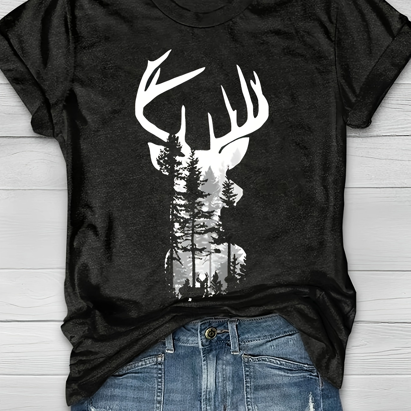 

Forest Deer Print Crew Neck T-shirt, Short Sleeve Casual Top For Spring & Summer, Women's Clothing