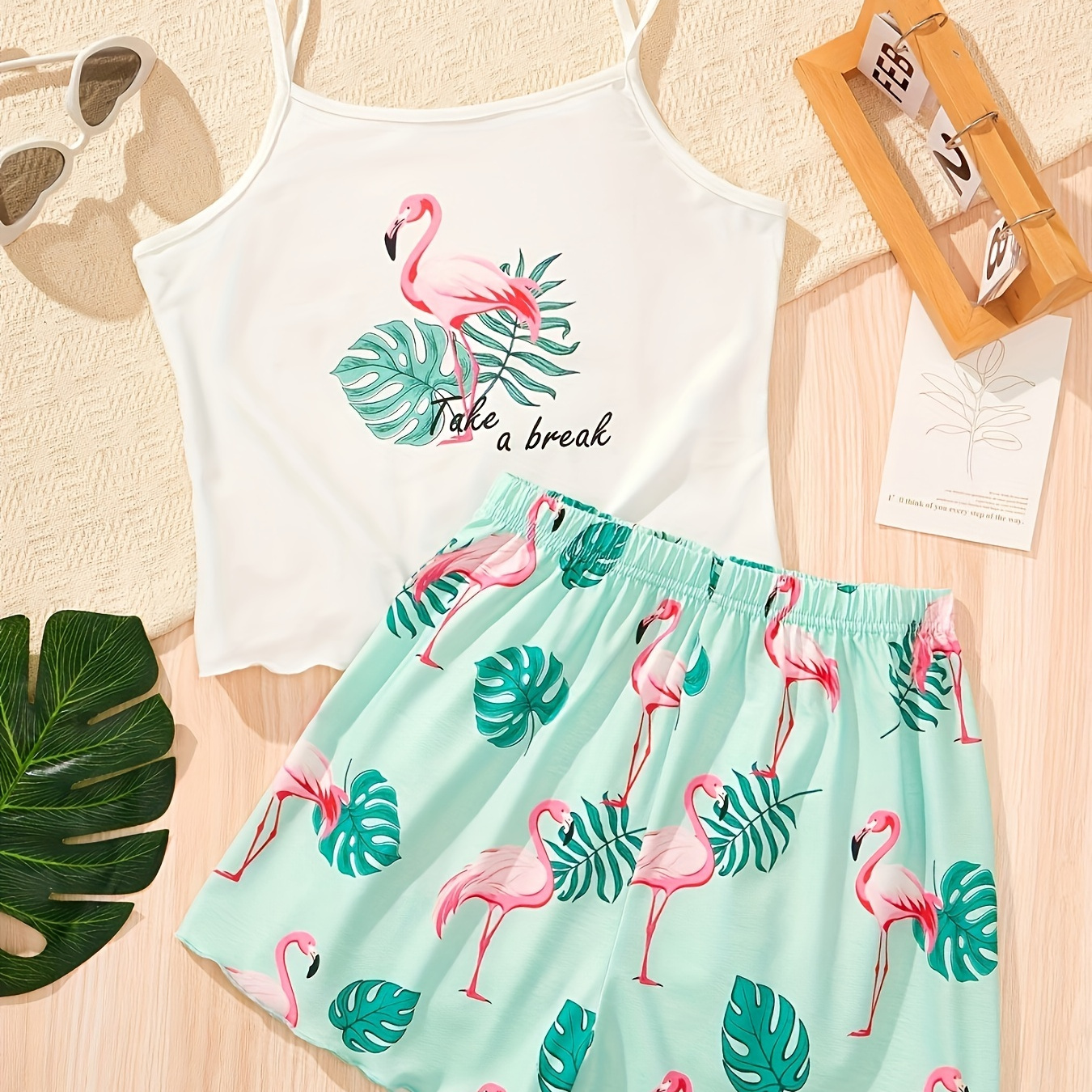 

2pcs, Flamingo Graphic Cami Top + Shorts Set For Girls, Casual And Trendy Homewear Set Summer Gift, Kids' Clothing