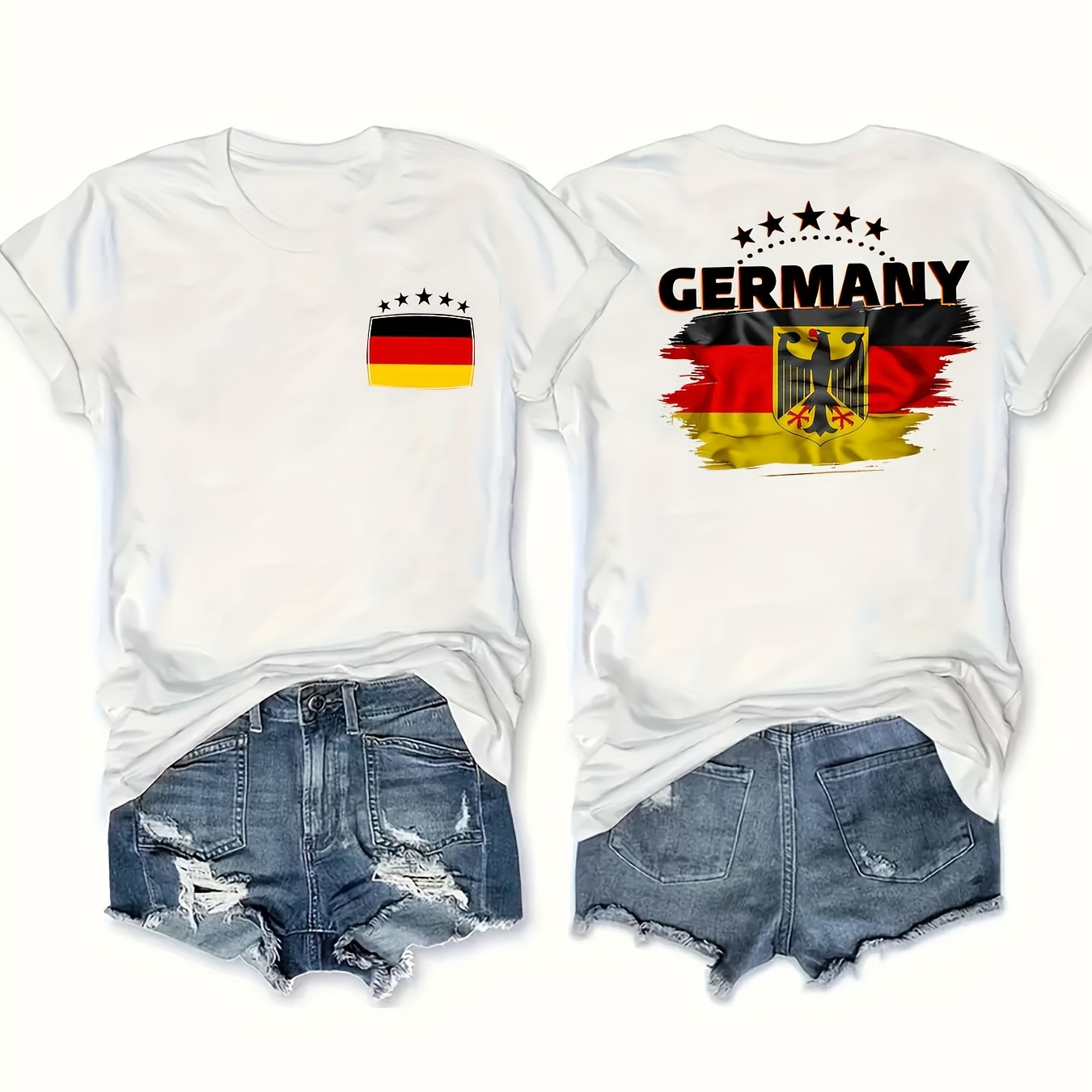 

German Letter Print T-shirt, Short Sleeve Crew Neck Casual Top For Summer & Spring, Women's Clothing
