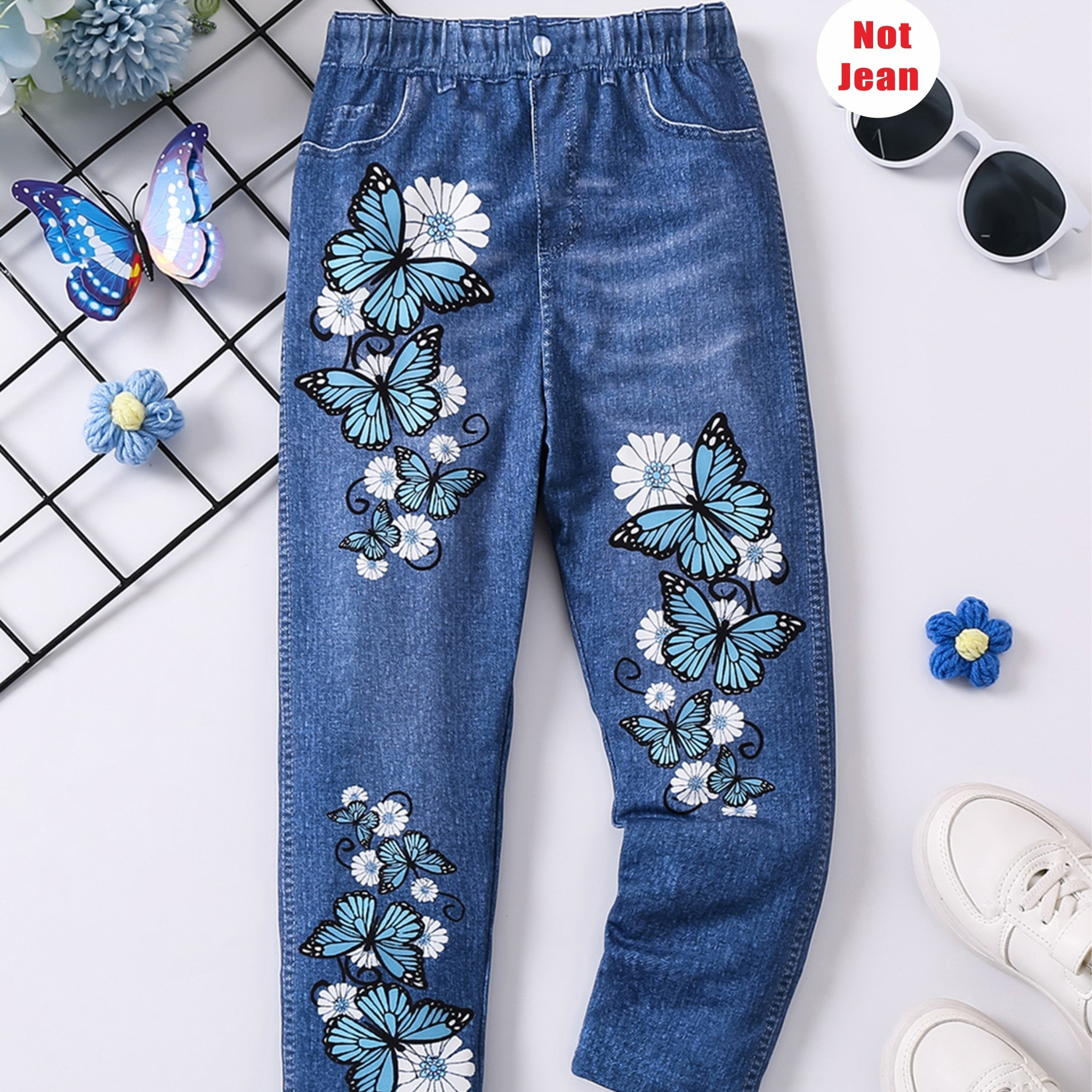 

Girls Stretchy Flower Graphic Imitation Denim Print Leggings For Outdoor Gift