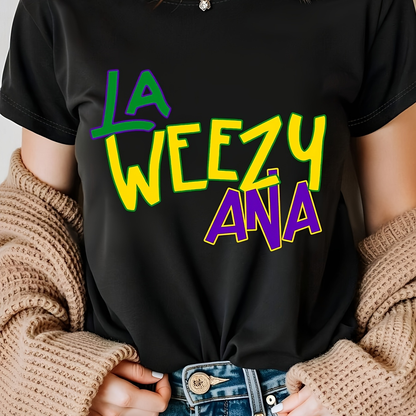 

Carnival La Ana New Orleans, Beads, Floats, , Jazz, , Mardi Gras, Party Carnival Letter Print Fashion Casual Short Sleeves, Summer Fitted Style, Round Neck Women's T-shirt