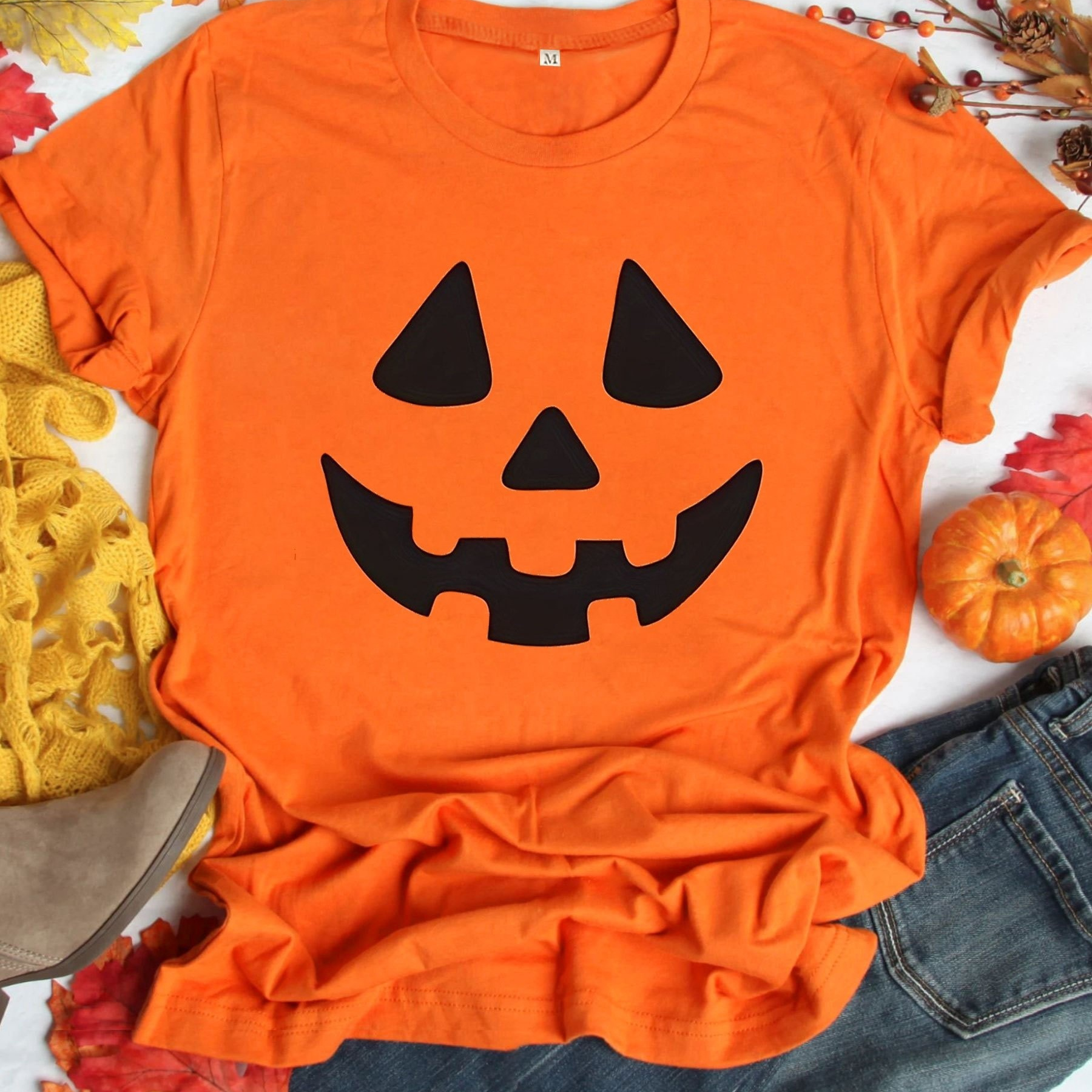 

Halloween Pumpkin Print Crew Neck T-shirt, Casual Short Sleeve T-shirt For Spring & Summer, Women's Clothing