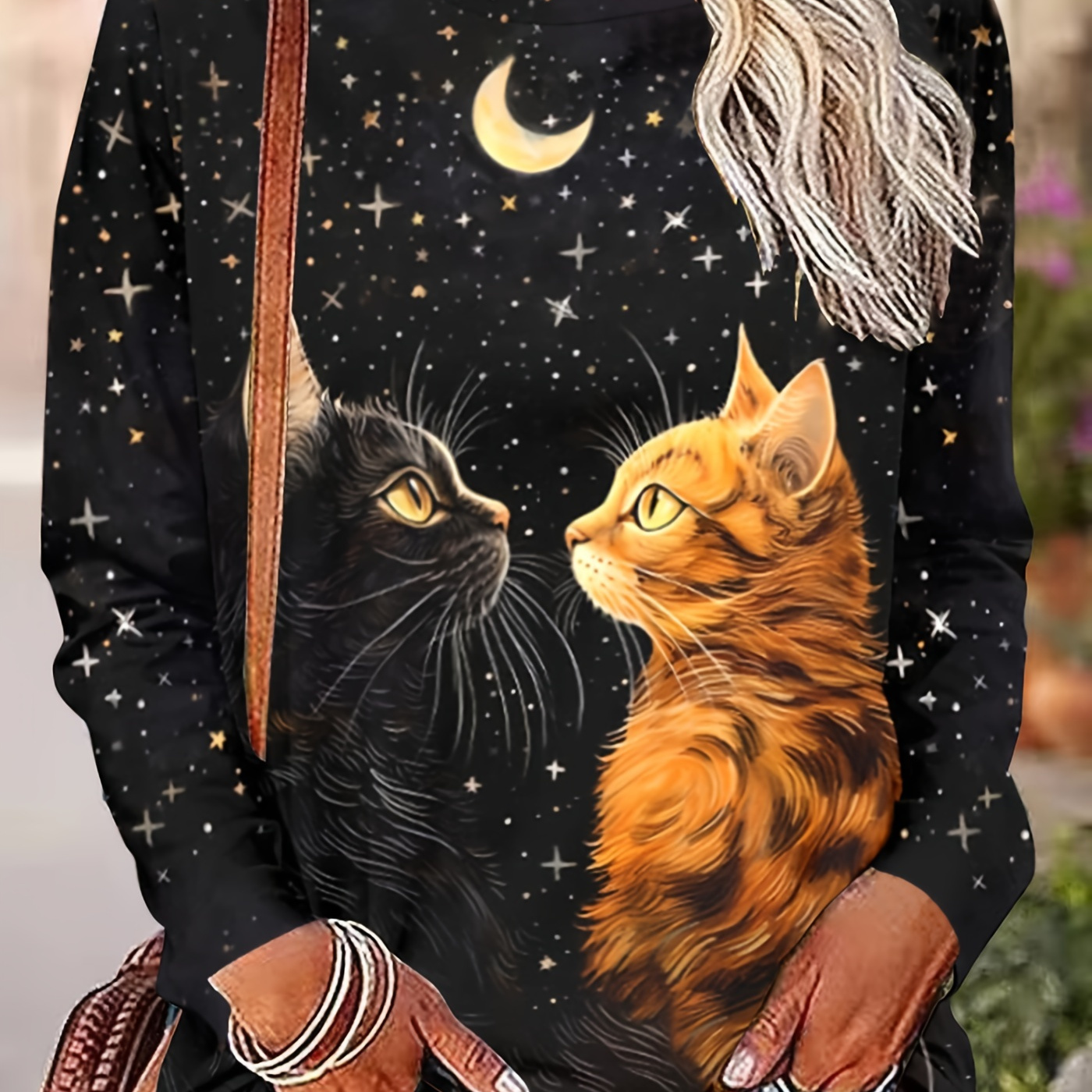 

T-shirt à manches longues pour femme avec motif de chat galaxie, en polyester et élasthanne, col rond , ajustement régulier, avec motif animal pour /automne - YPH0080-B