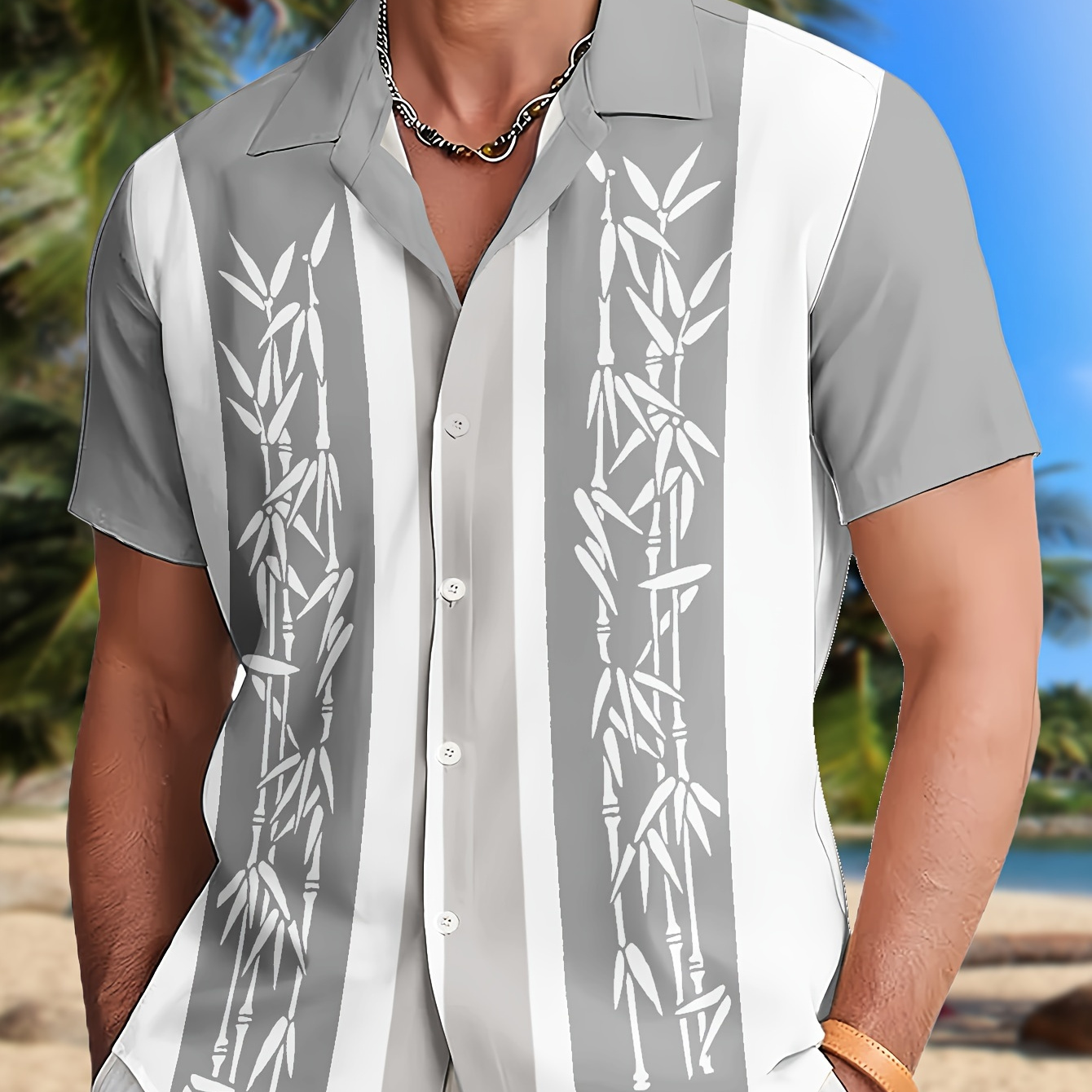 

Men's Trendy Hawaiian Lapel Collar Graphic Shirt With Stylish Bamboo Pattern Print For Summer Beach, Pool And Resort, Comfort Fit