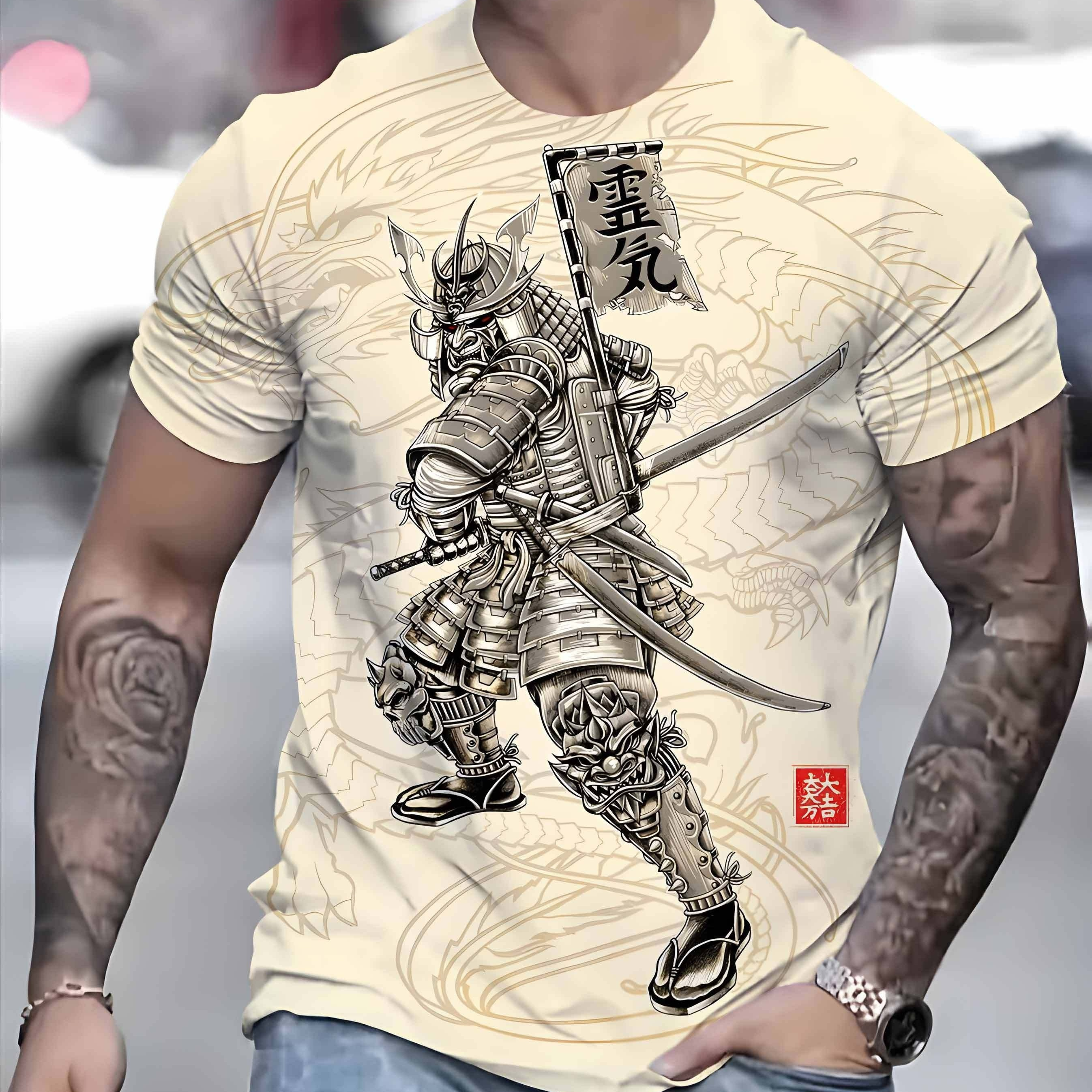 

Anime Dragon And Samurai Digital Print Men's Novelty Short Sleeve Crew Neck T-shirt, Summer Outdoor