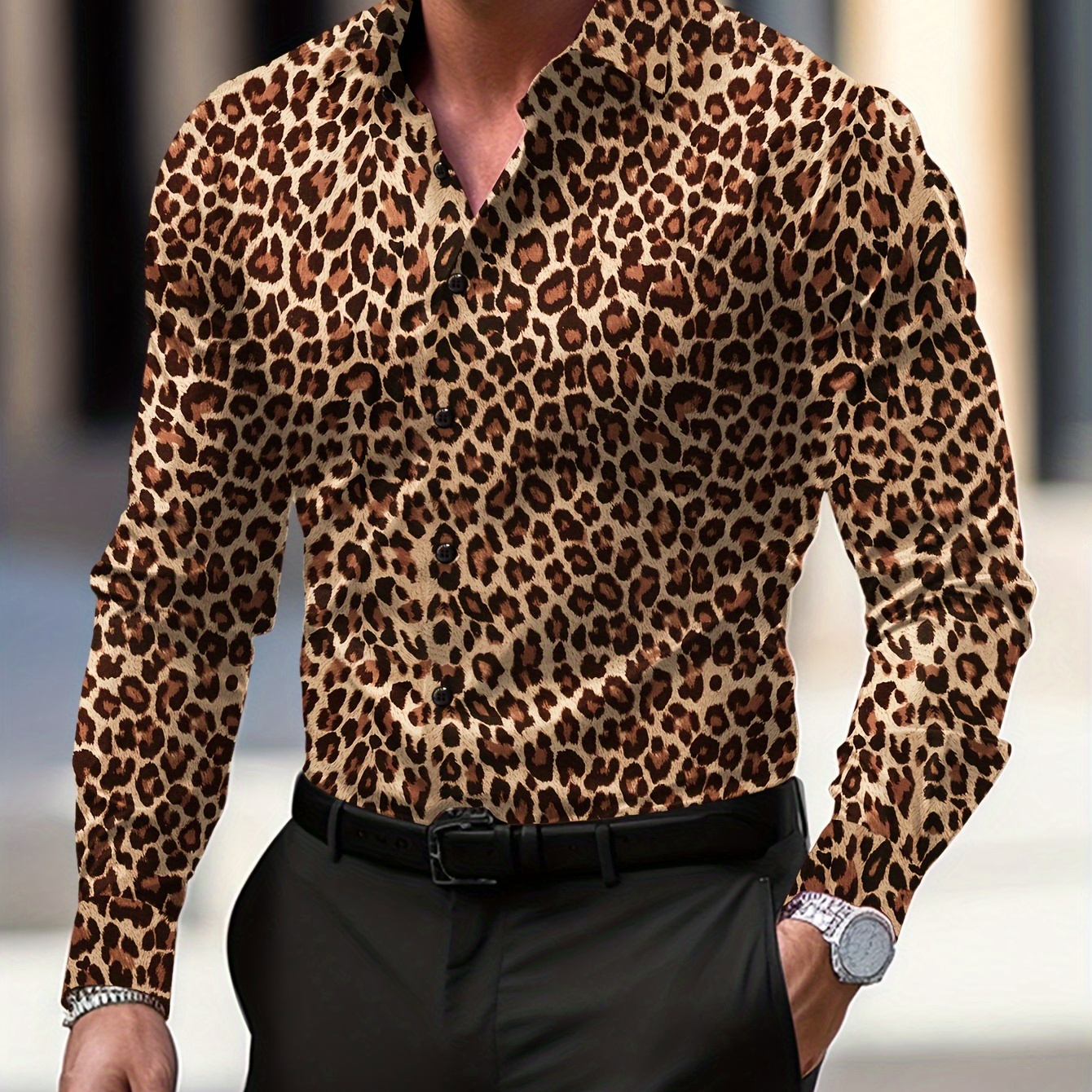 

Men's Leopard Skin Shirt, Casual Lapel Skinny Button Up Long Sleeve Shirt For All