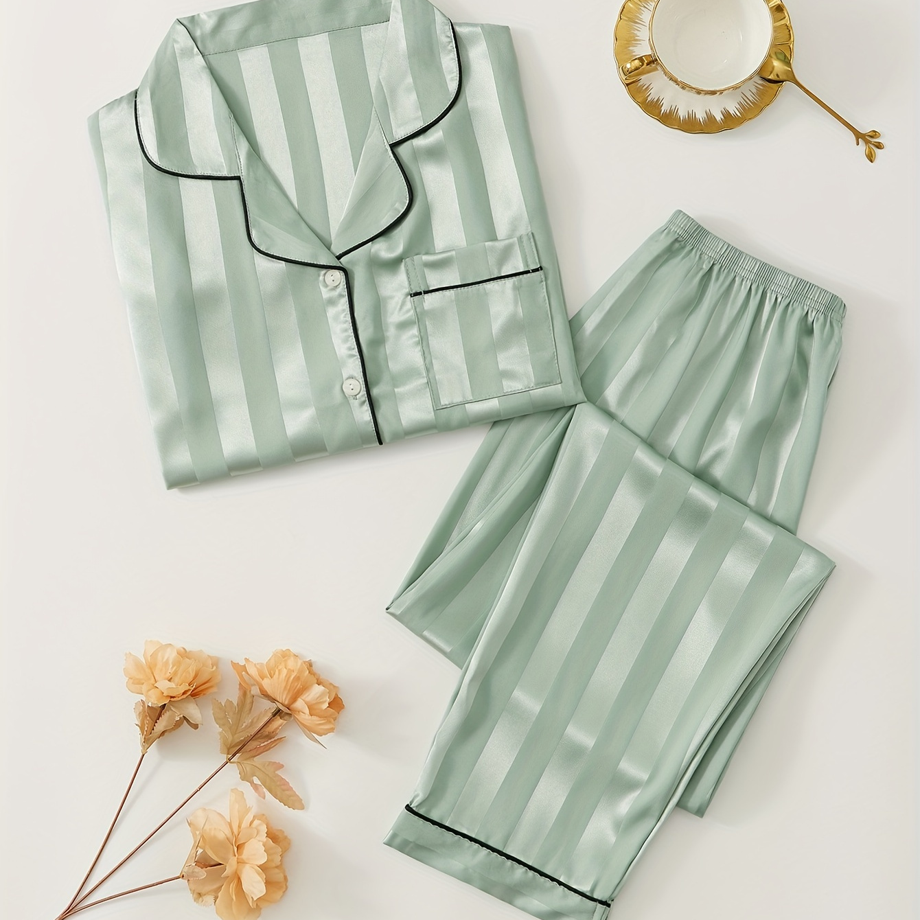 

Striped Satin Pajama Set, Long Sleeve Buttons Top & Lounge Pants, Women's Sleepwear & Loungewear