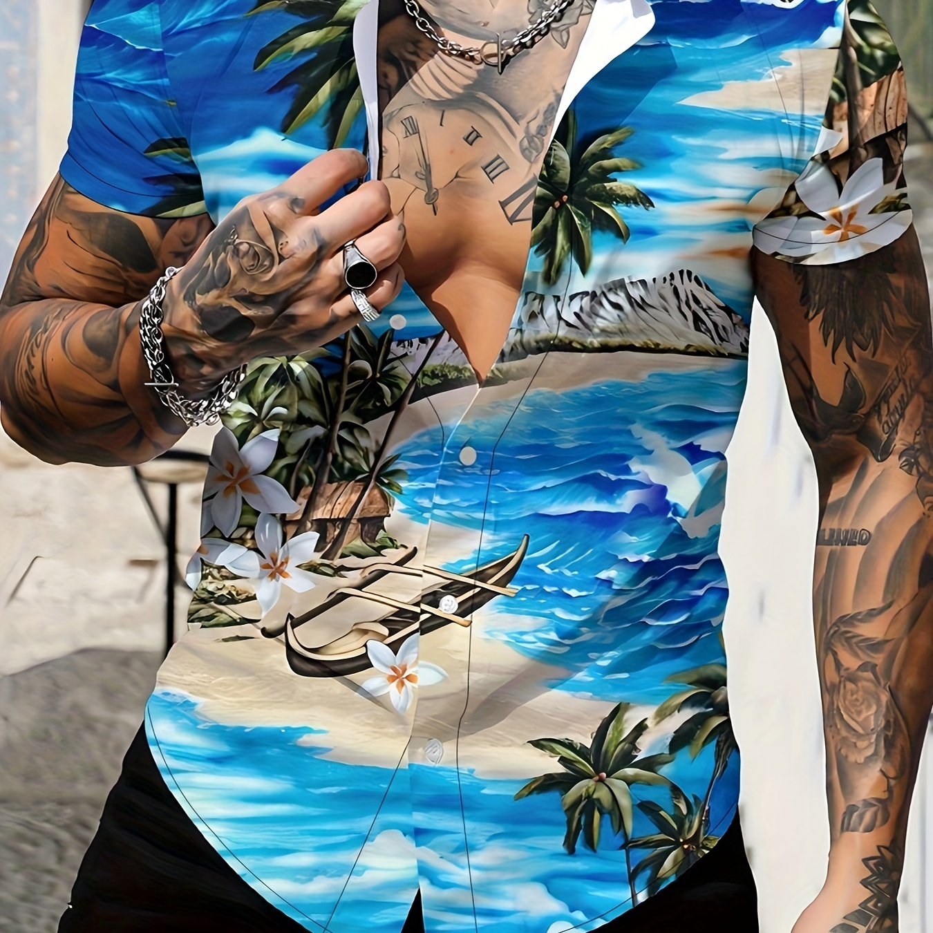 

Men's Beach Pattern Printed Collar Shirt - Comfortable Short Sleeve, Fashionable Button Neck, Summer Casual Top