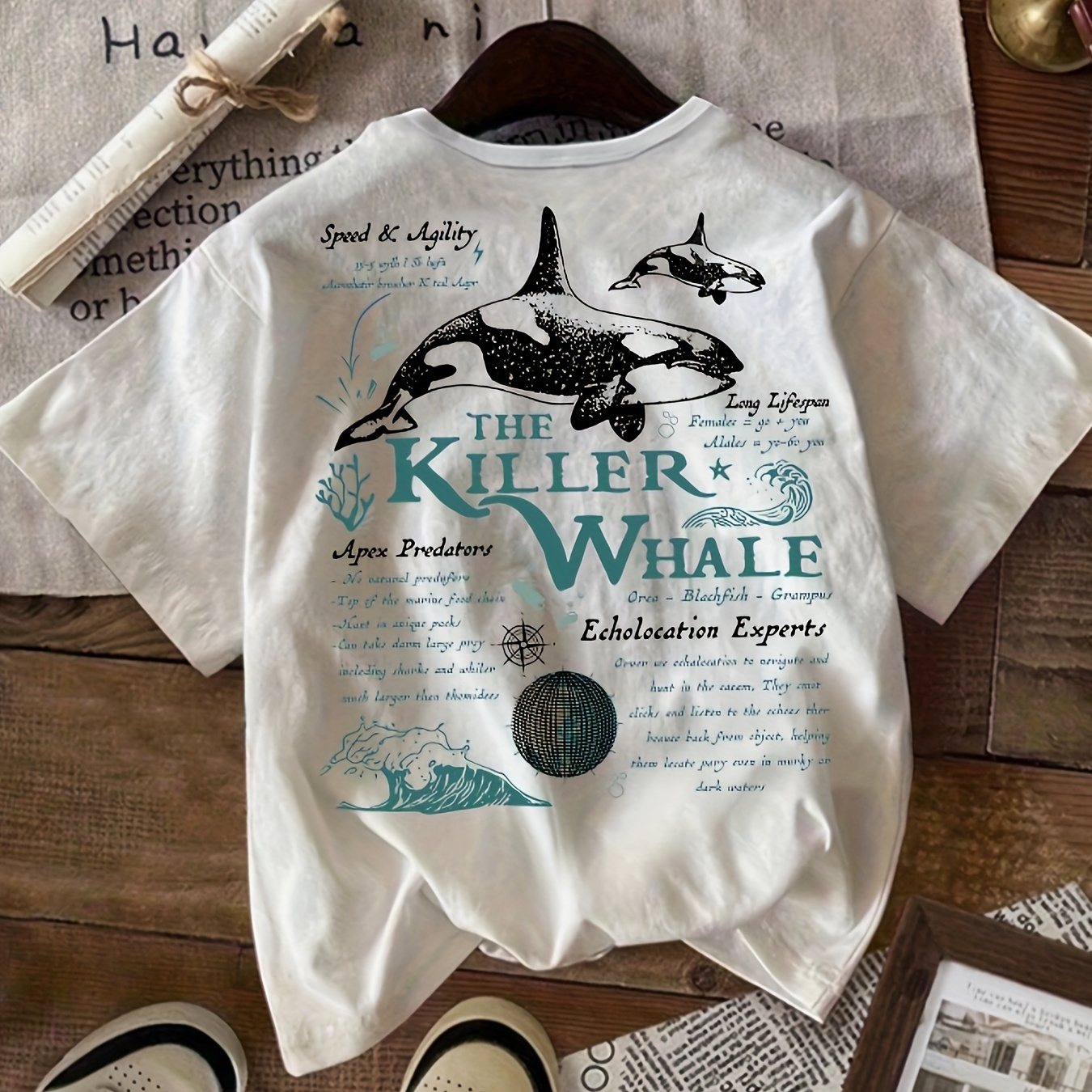 

Women's Whale Print T-shirt - Casual Vacation Short Sleeve Top, Crew Neck, Soft Rayon , Machine Washable