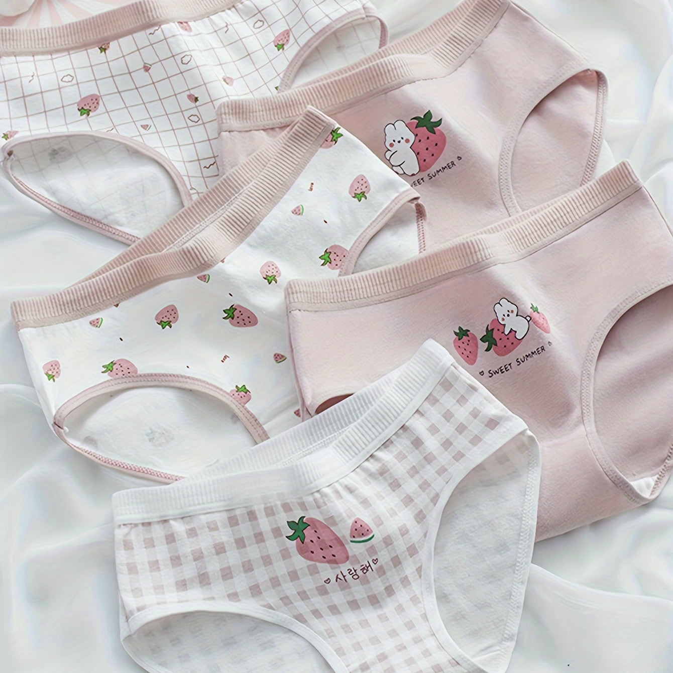 

Korean Style Pink Series 4 Pcs Girl's Cute Rabbit & Strawberry Print Triangle Panties, Comfy Cotton Underwear For Daily Wearing