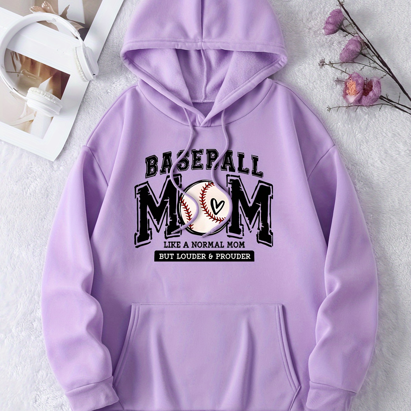 

Baseball Mom Print Kangaroo Pocket Hoodie, Casual Long Sleeve Drawstring Hooded Sweatshirt, Women's Clothing