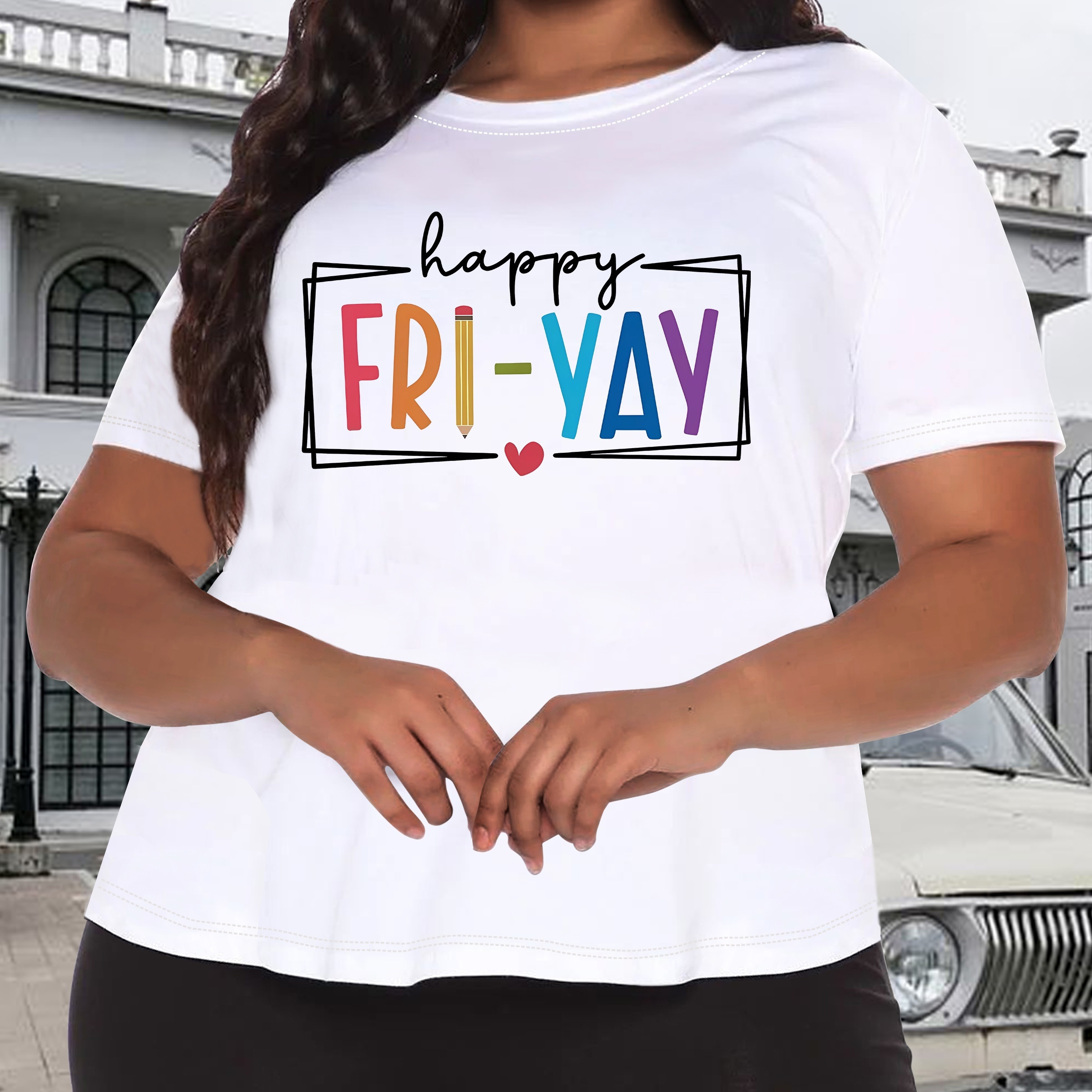 

Colorful Gradient Letter Print Fashion Casual Plus Size Tops For Women, Round Neck Short Sleeve T-shirt