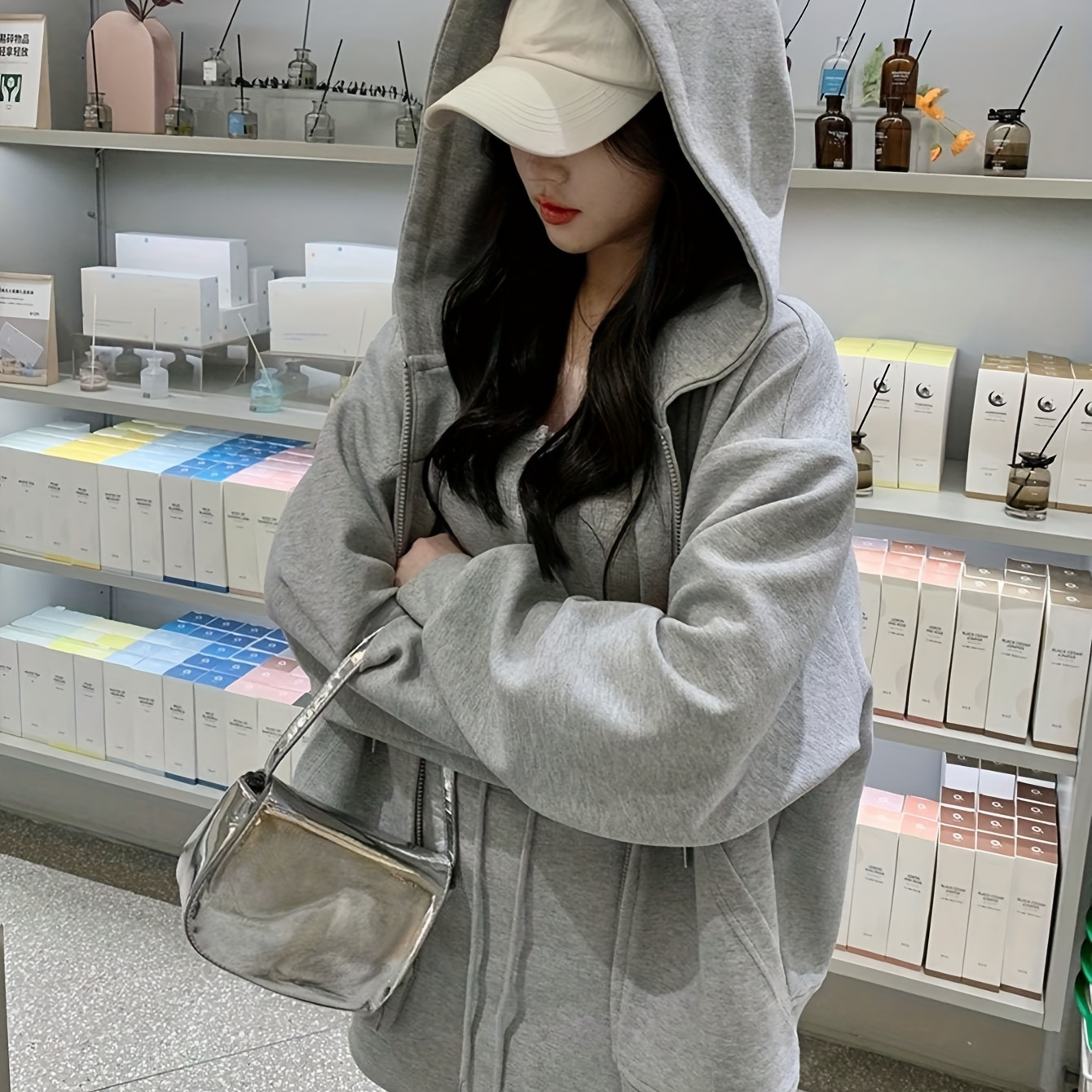 

Solid Color Pocket Hoodie, Casual Zipper Long Sleeve Drawstring Hooded Jacket, Women's Clothing