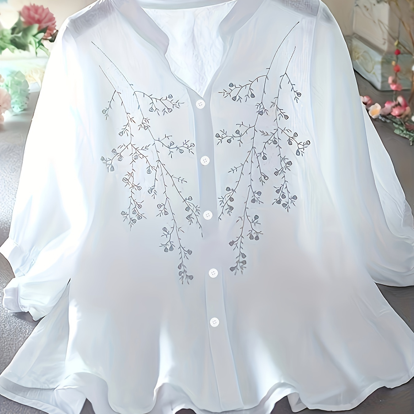 

Chic Embroidered Short Sleeve Blouse - Breathable Polyester, Machine Washable, Semi-sheer With Stand Collar For Women