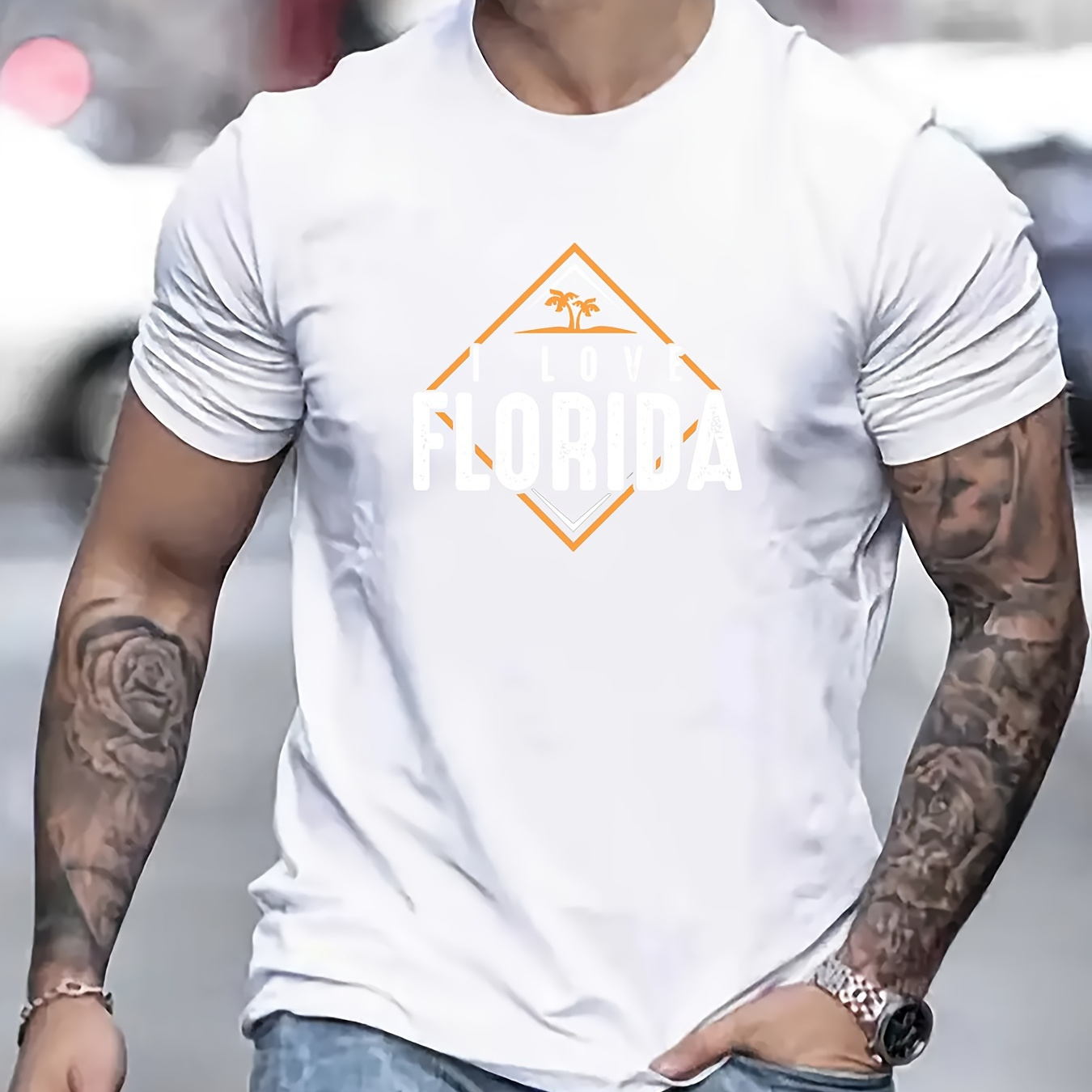 

Florida Print Men's Trendy Short Sleeve T-shirts, Comfy Casual Breathable Tops For Men's Fitness Training, Jogging, Outdoor Activities