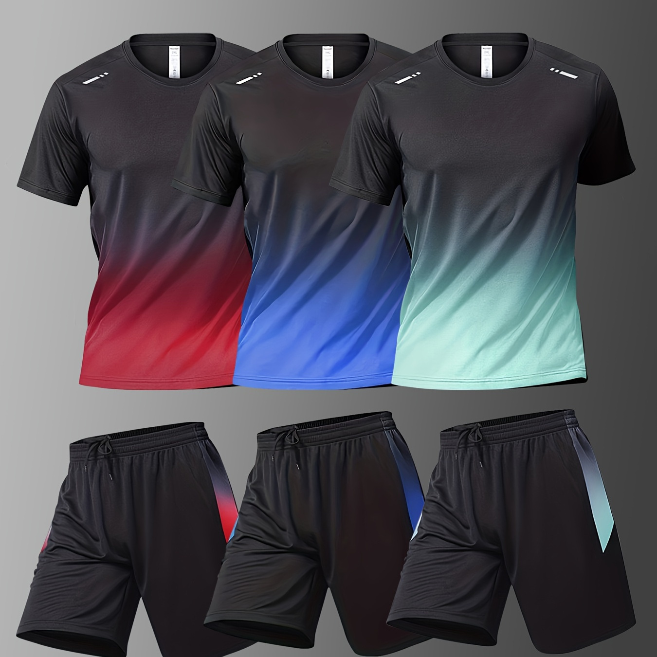 

6-piece Combo Men's Summer Basketball Training Running Set, Gradient Short Sleeve T-shirt And Quick-drying Shorts Set