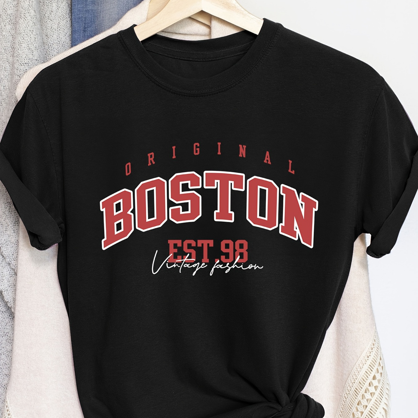 

Boston Letter Print Solid T-shirt, Crew Neck Short Sleeve Casual Every Day Top, Women's Clothing