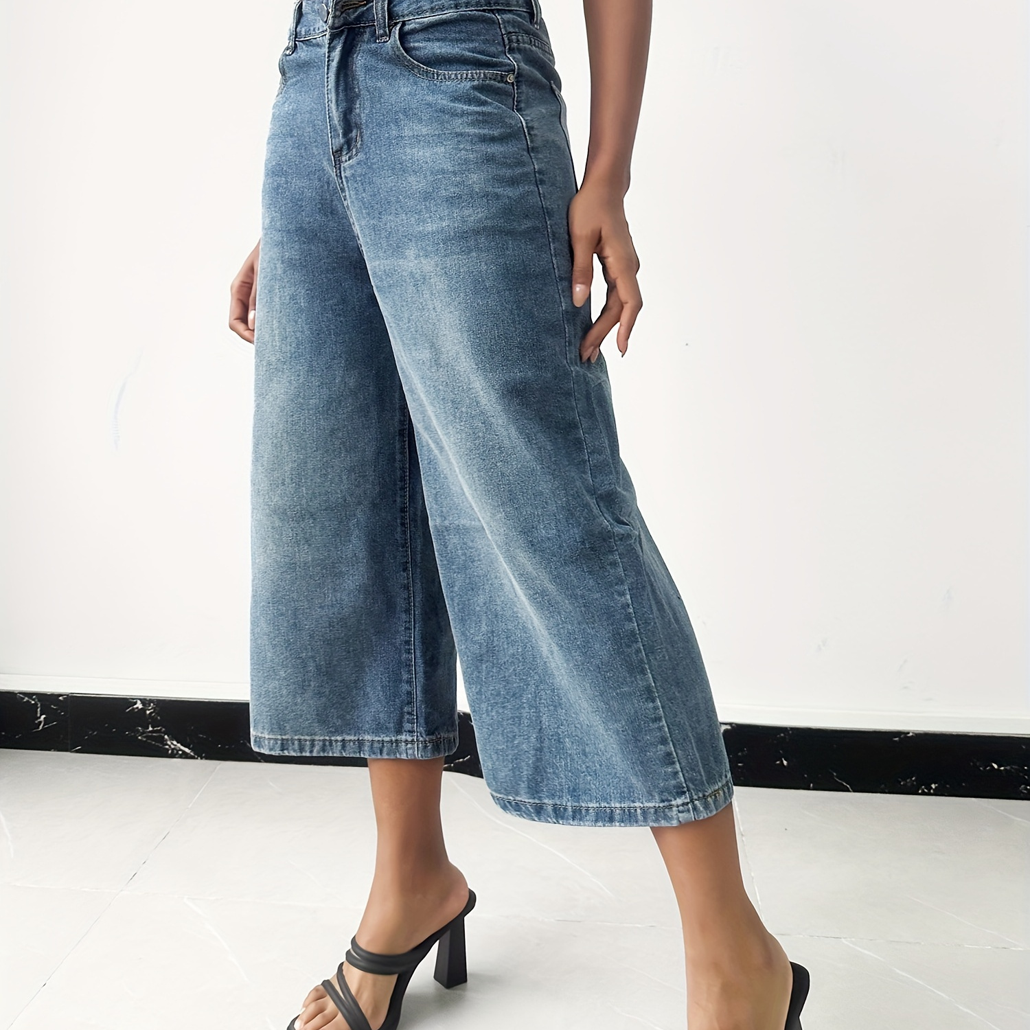 

Women's High Waisted Wide Leg Cropped Jeans For Summer With Pockets, Straight Loose Fit Loose Fit Denim Pants For Women, Casual Blue Color Comfy Denim Jeans & Clothing