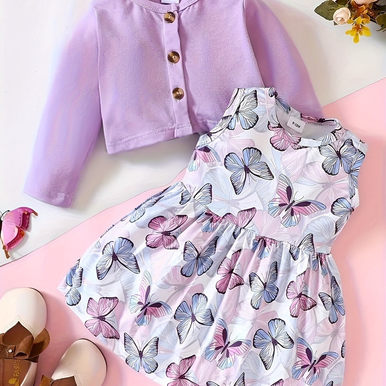 

2pcs Baby's Butterfly Pattern Sleeveless Dress + Button Down Cardigan, Toddler & Infant Girl's Clothing Set For Spring Fall