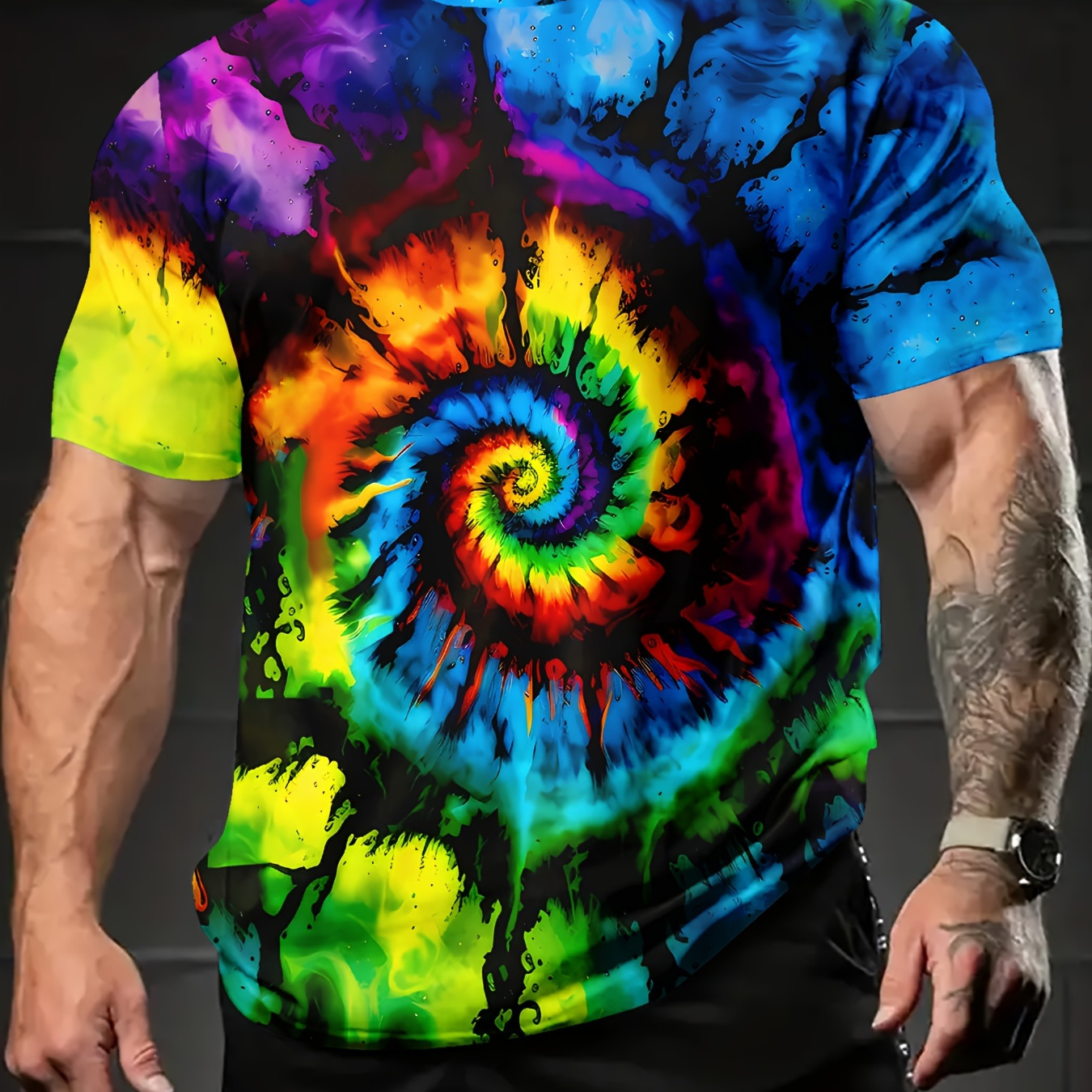 

Men's Vibrant Tie-dye Swirl Graphic Tee - Casual Summer Short Sleeve, 100% Polyester, Machine Washable, Round Neck - Outdoor Sports Shirt