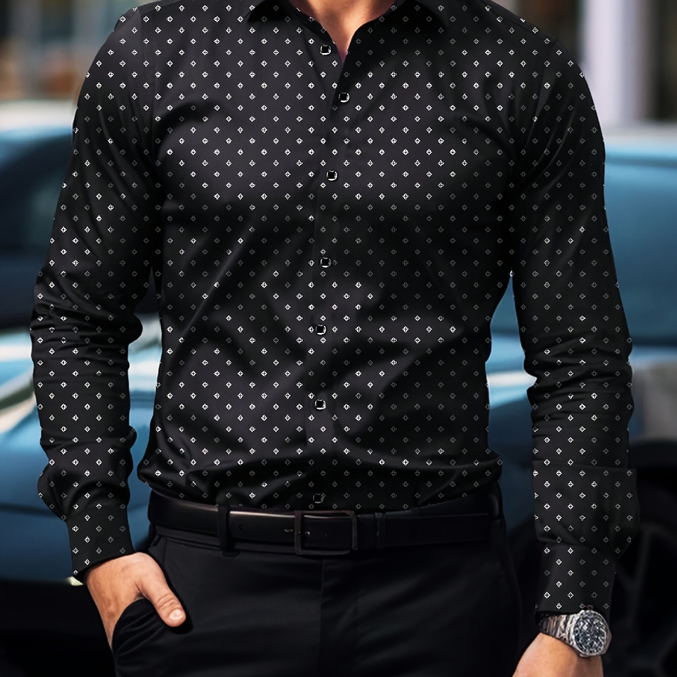 

Men's Slim Fit Dress Shirt, Geometric Print Long Sleeve Single Breasted Lapel Shirt Ideal For Spring And Fall Business And Formal