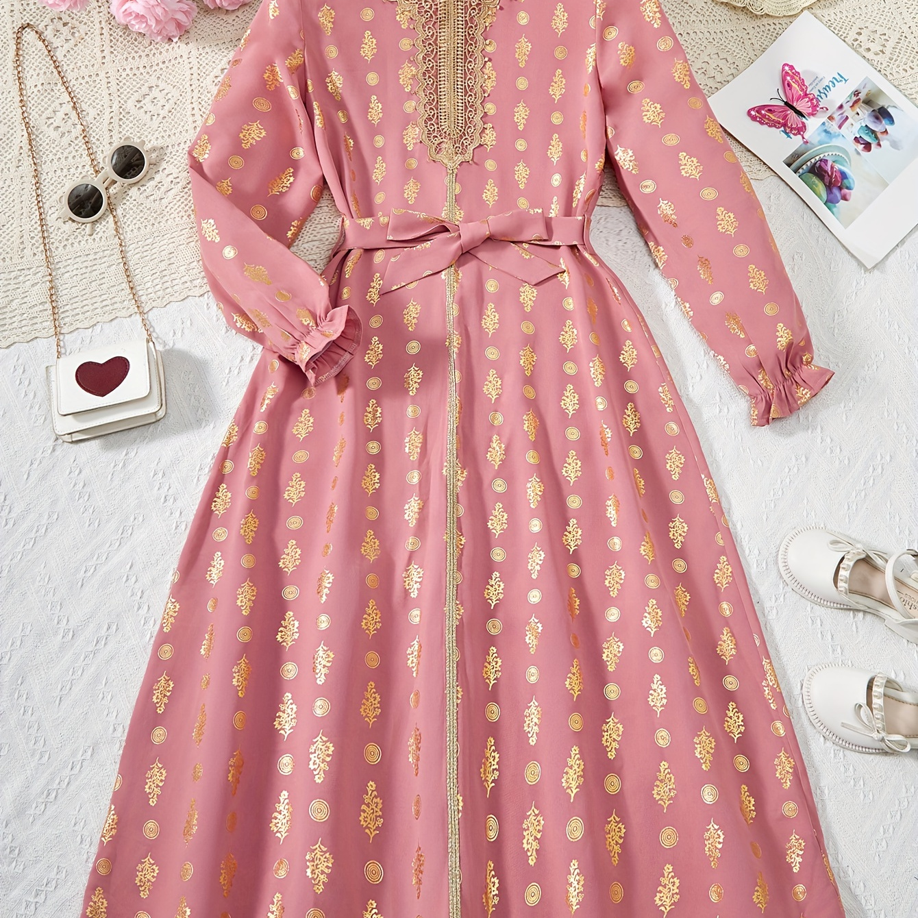 

Girls Stylish Splicing Lace Trim Design Long Sleeve Abaya Kaftan Dress For Party Gift