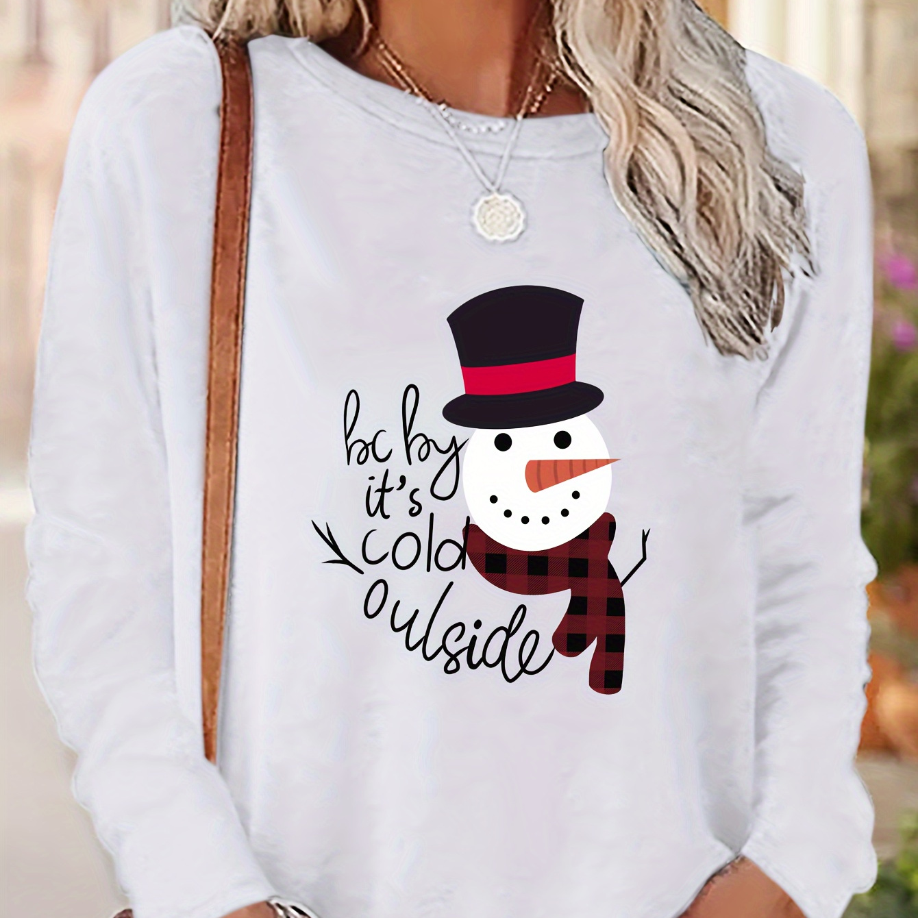 

Christmas Snowman & Letter Print T-shirt, Cute Long Sleeve Crew Neck Top, Women's Clothing