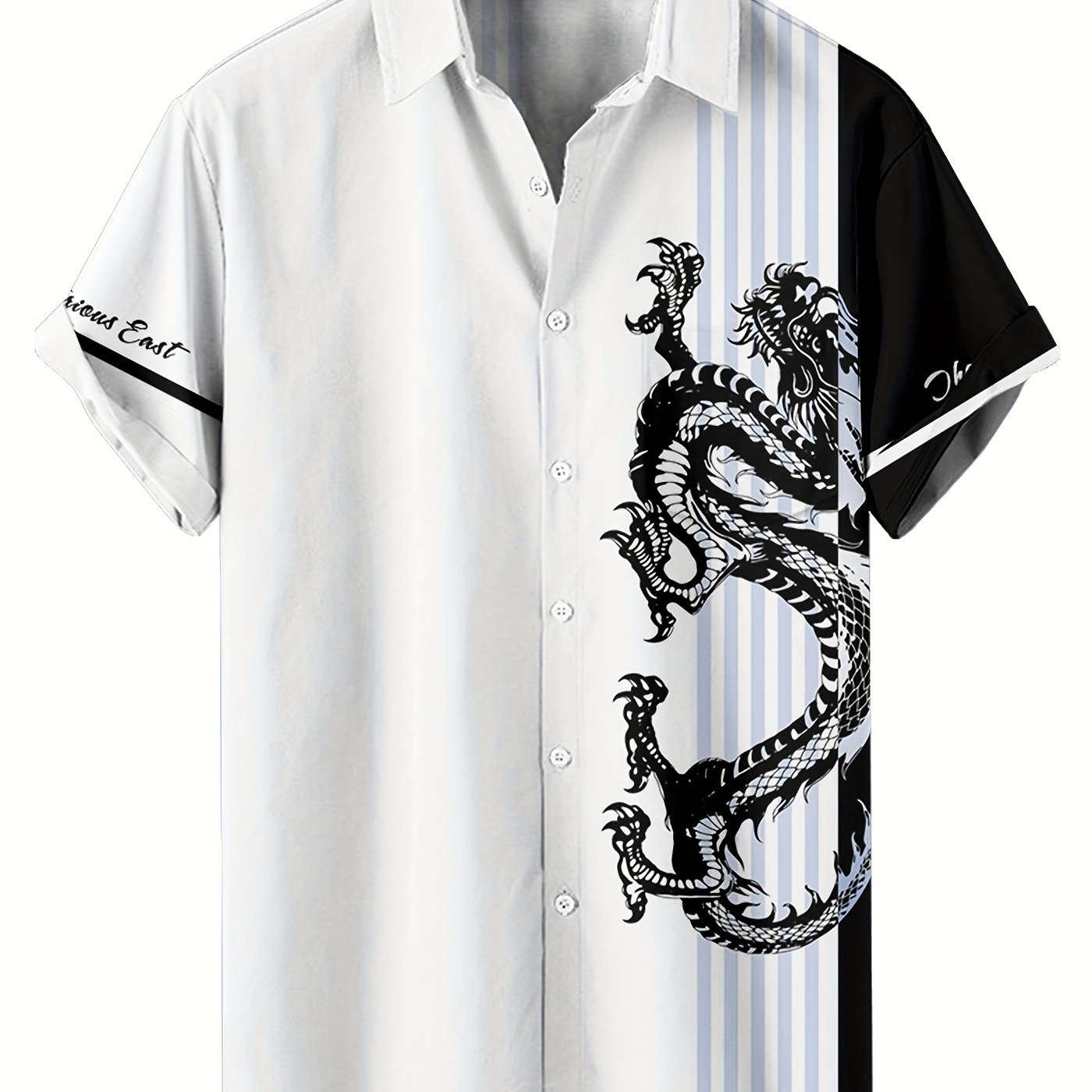 

Thick Vertical Stripes With Dragon Pattern White Men's Casual Lapel Pocket Short Sleeved Button Up Shirt