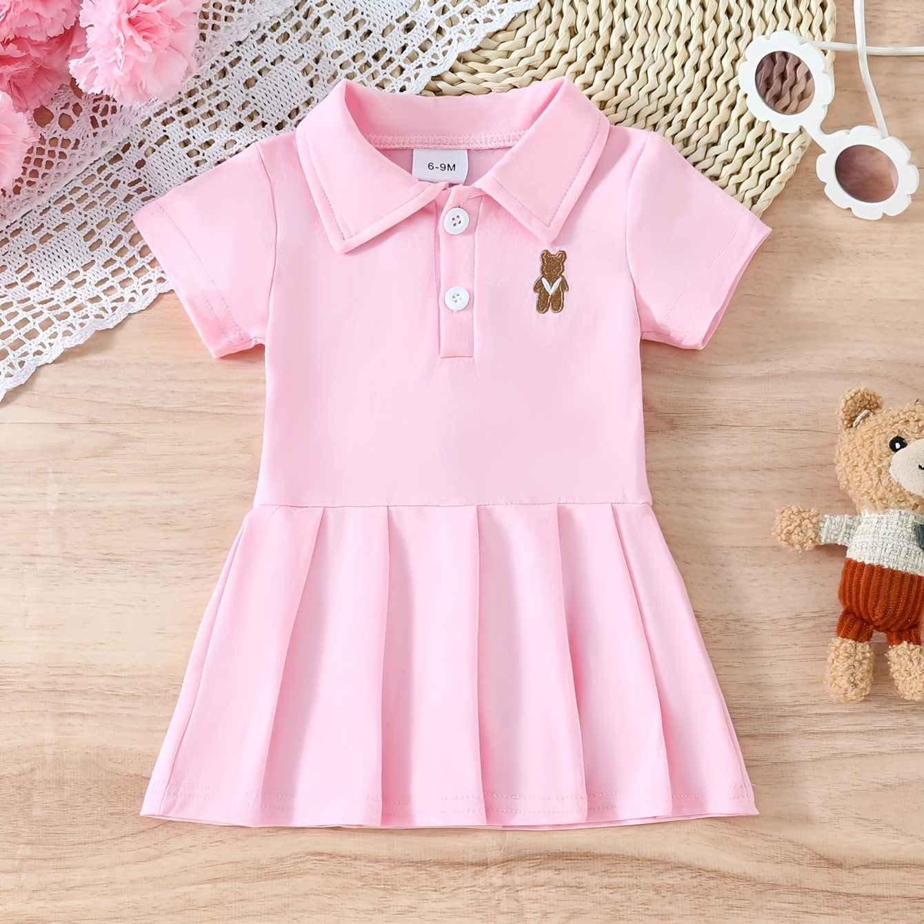 

Baby's Sporty Style Bear Embroidered Short Sleeve Pleated Dress, Infant & Toddler Girl's Clothing For Summer/spring, As Gift