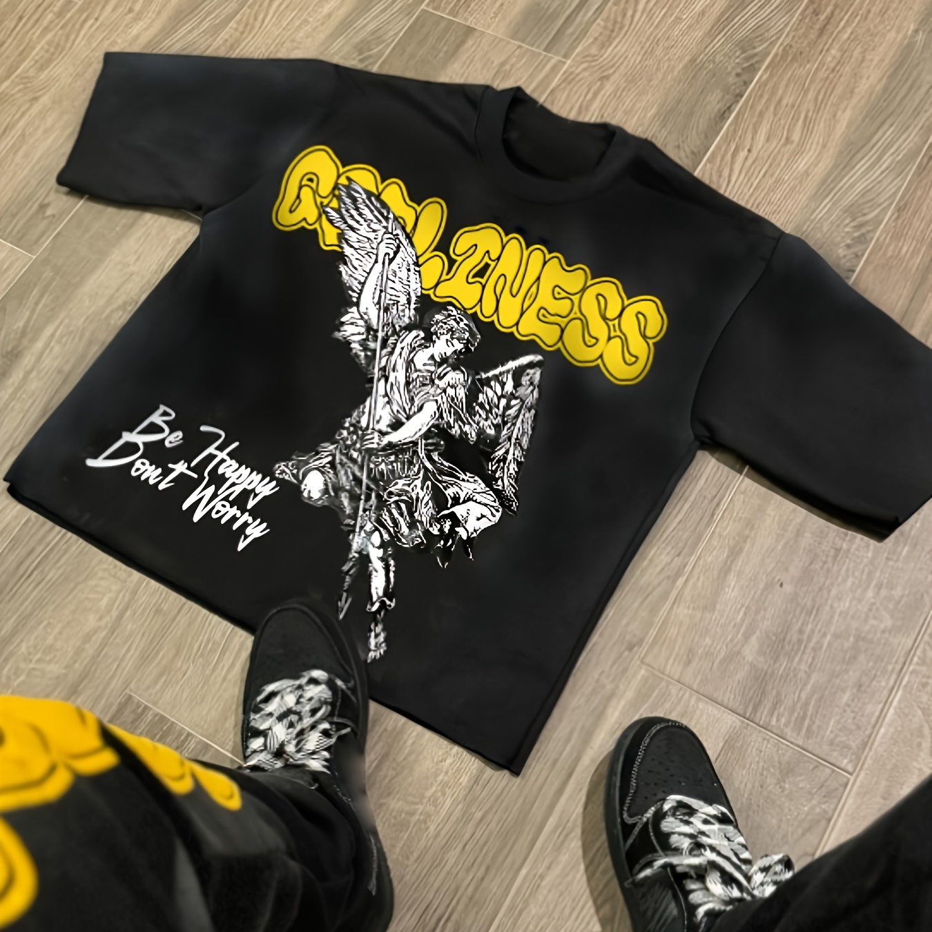 [Edgy Graphic Tee] Black Edgy Graphic Men's Casual Tee | "GODNESS" Angel Print, Polyester, Crew Neck, Machine Washable, Summer Fashion T-Shirt with Drawstring Detail