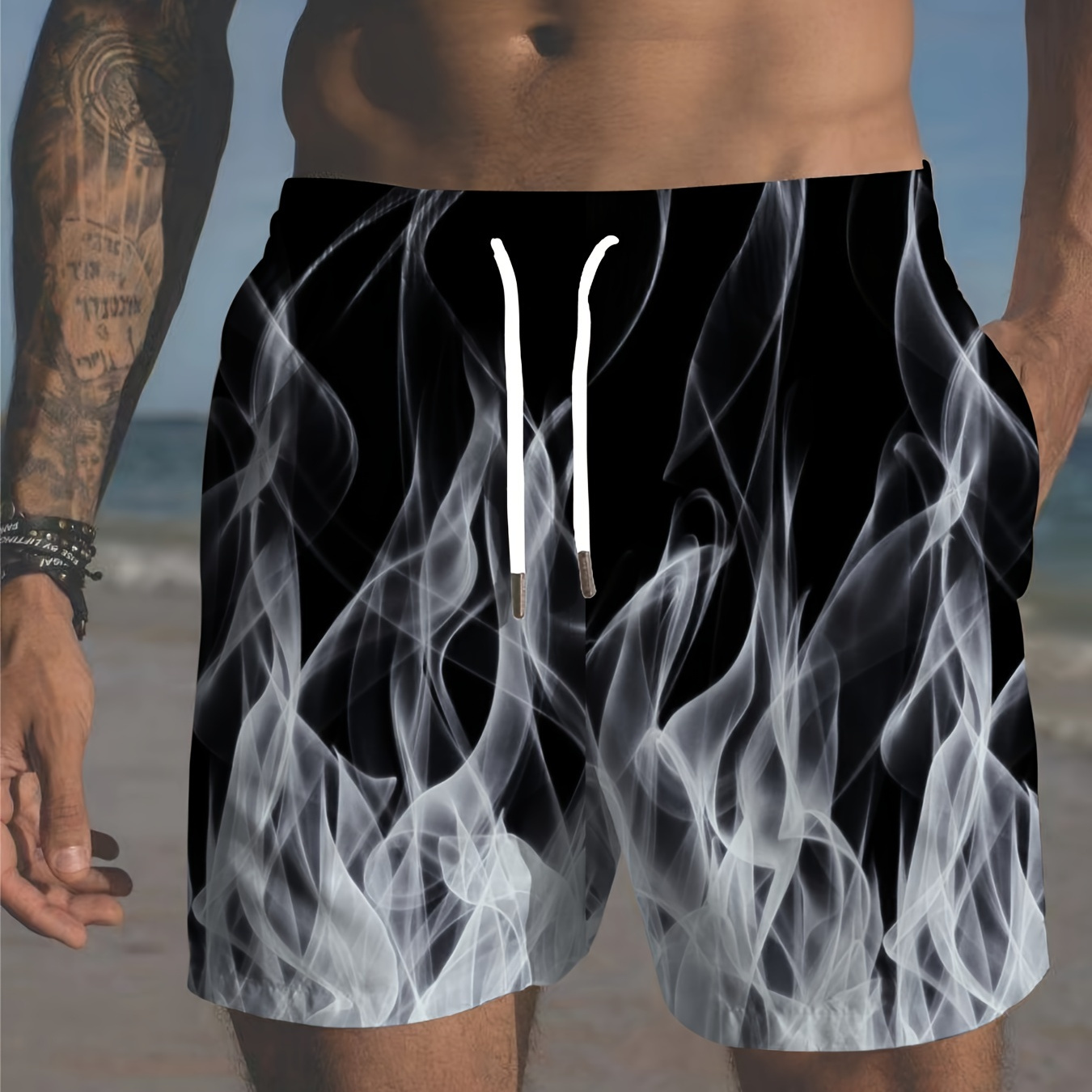 

Plus Size Men's Flame Print Beach Shorts, Breathable Casual Streetwear, Hawaiian Style Swim Shorts