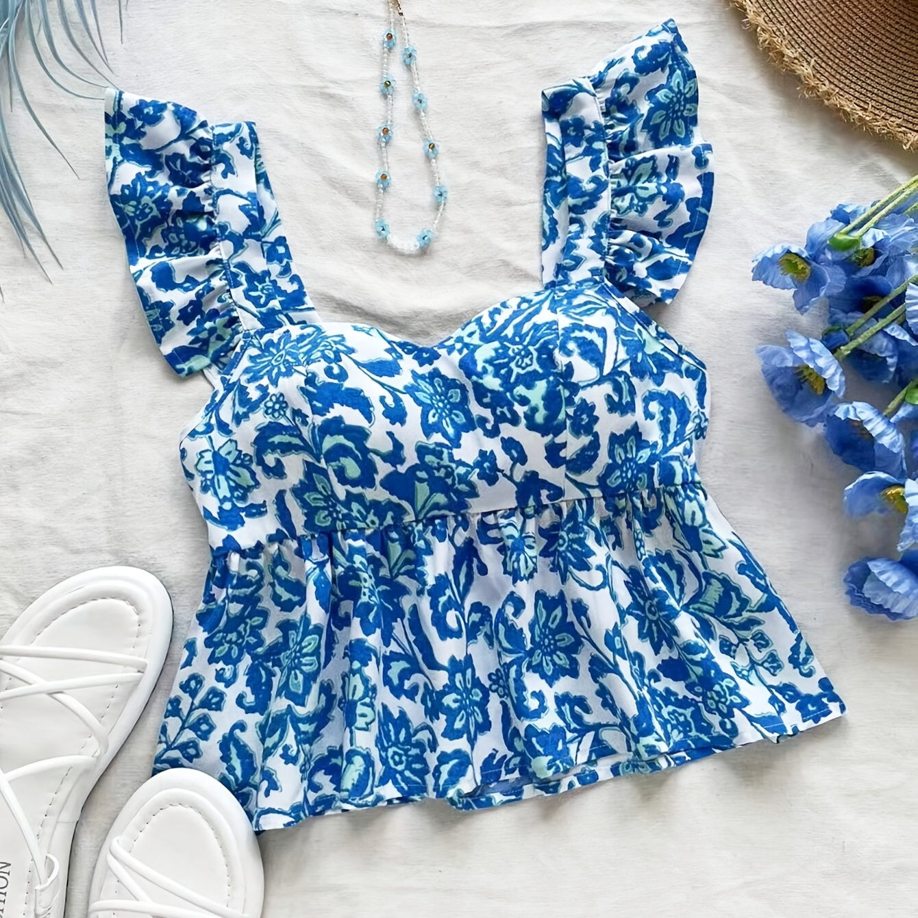 Women's Vacation Blue and White Print Button- Shirt