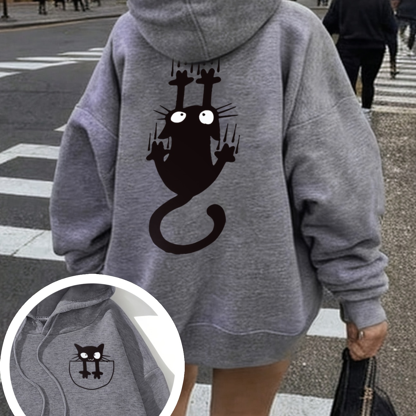 

Women's Casual Hooded Sweatshirt With Cartoon Cat Applique, 100% Polyester Knit Fabric, Geometric Animal Pattern, Regular Fit, Top, Sweater Hoodie