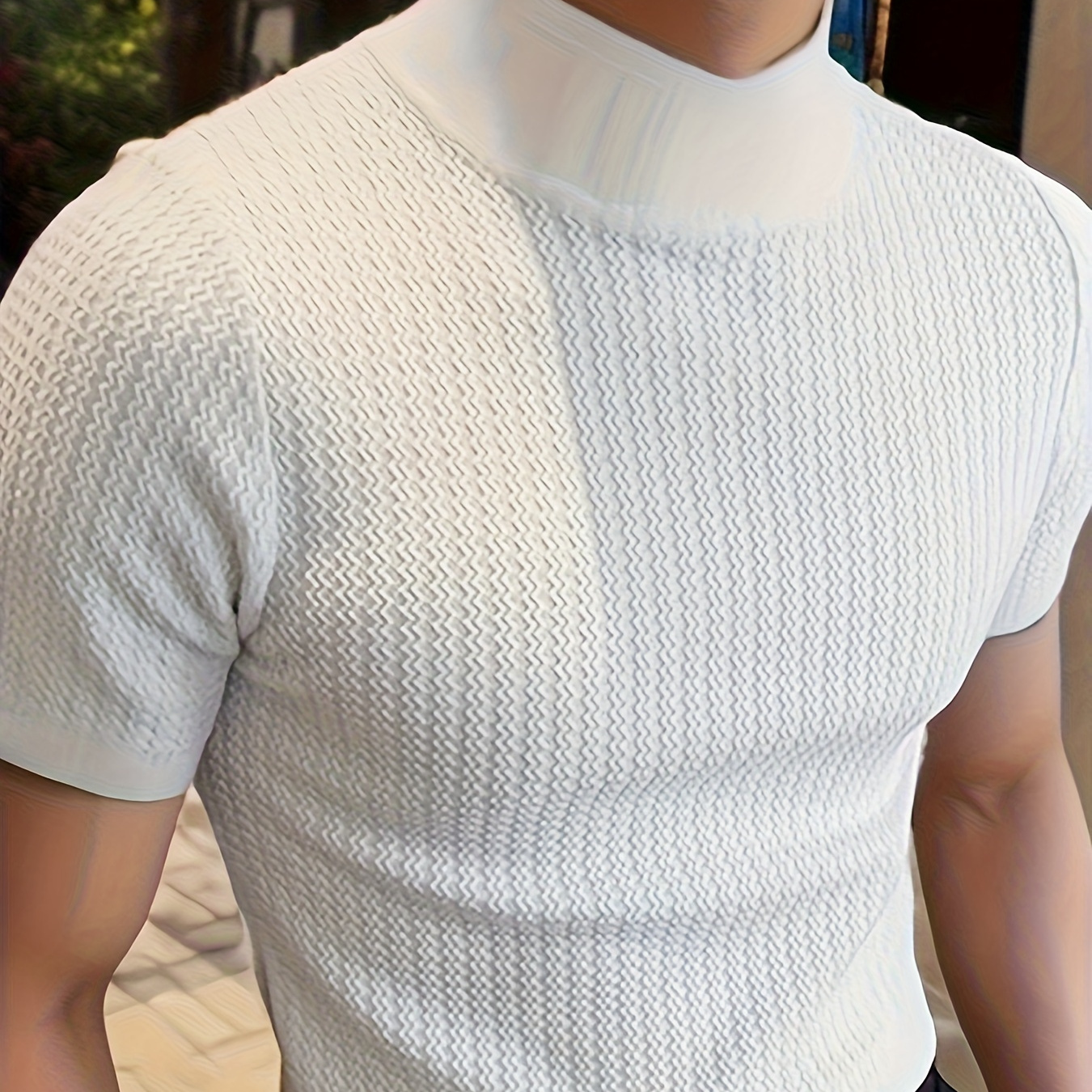 

Men's Casual High Neck Ripple Knit Short Sleeve T-shirt, Home Outfit Top, European & American Simple Style, For Summer Daily Wearing