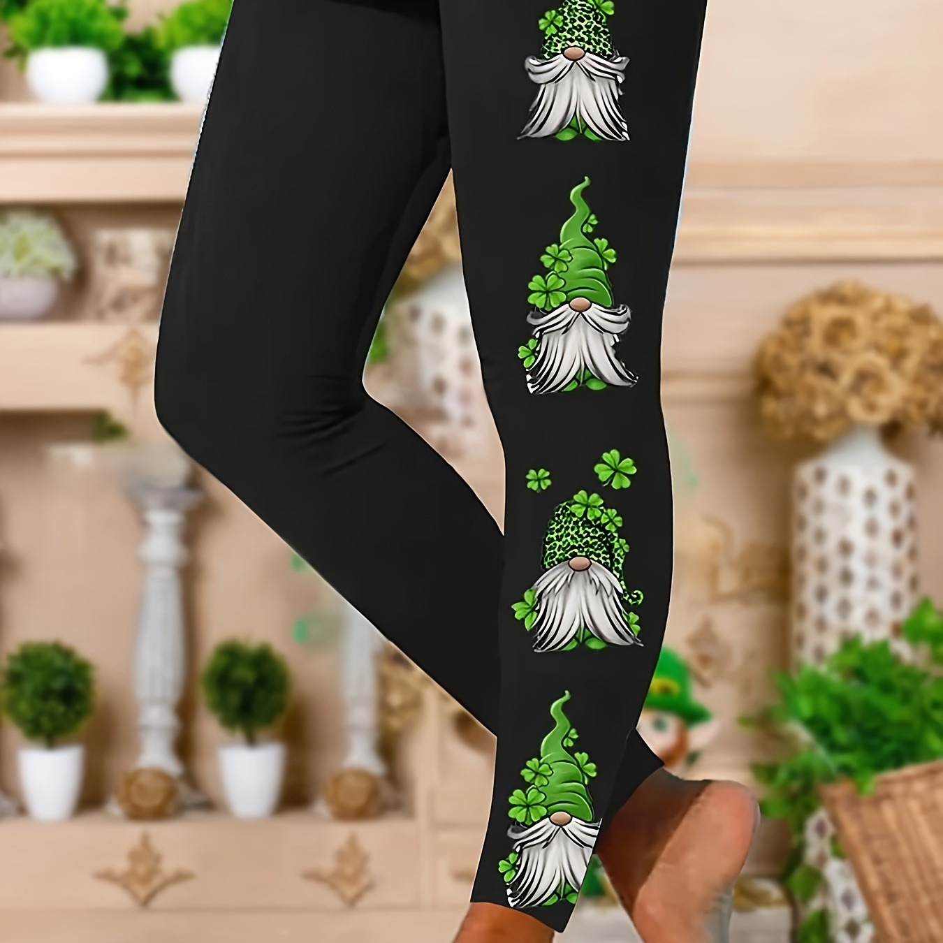 

St. Patrick's Day Gnomes & Four-leaf Clover Print Leggings, Casual Every Day Skinny Stretchy Leggings, Women's Clothing