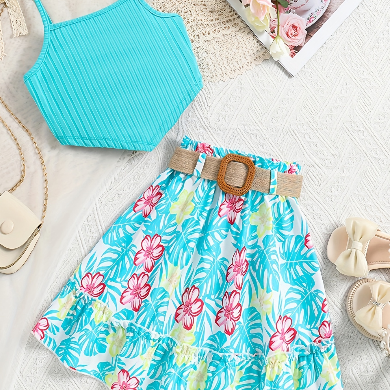 

2 Pcs Girl's Irregular Hem Cami Top + Tropical Floral A-line Skirt Set Casual Going Out Girls Summer Clothes