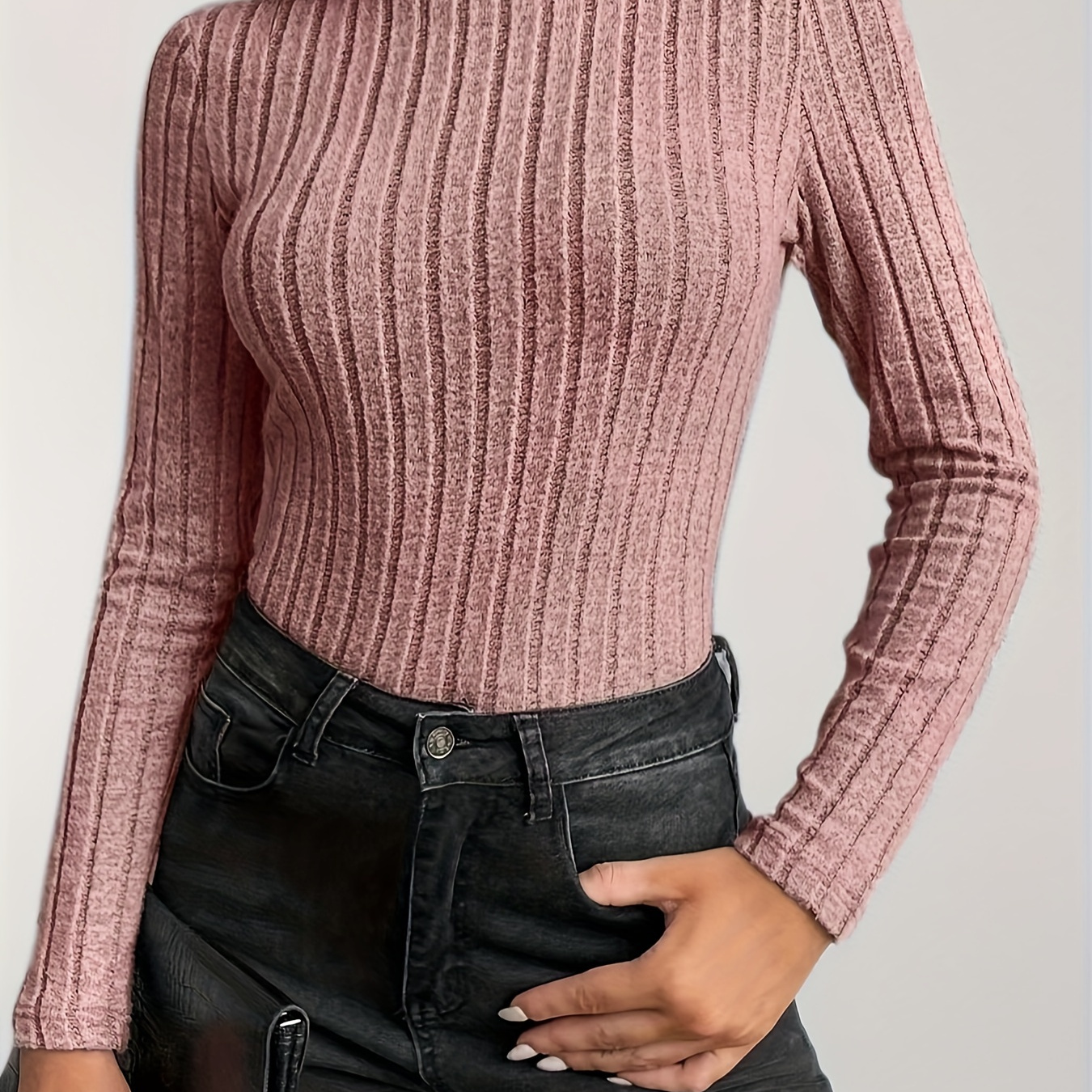 

Ribbed Solid Color Crew Neck T-shirt, Elegant Long Sleeve Top For Spring & Fall, Women's Clothing