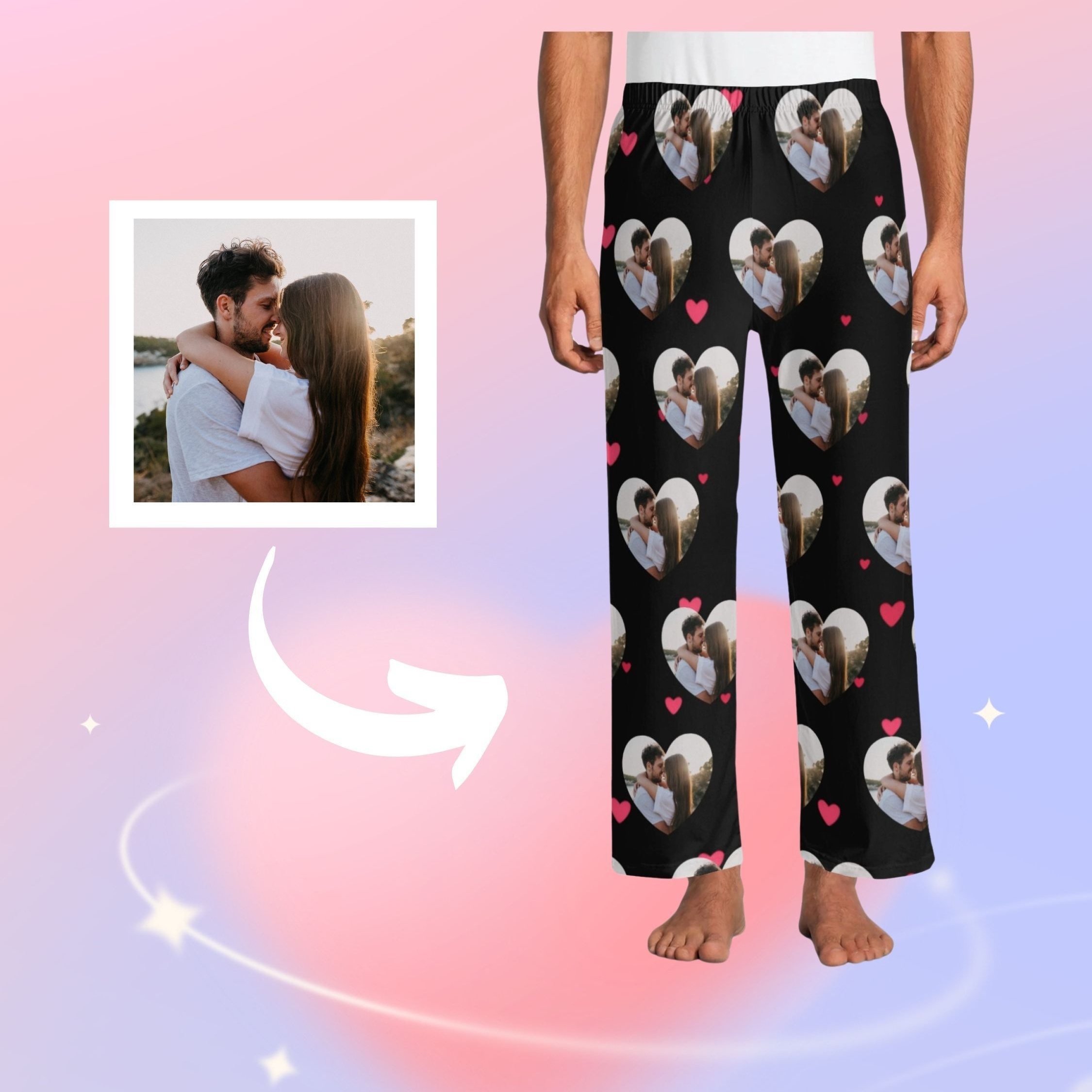 

Customized Men's Novelty Comfy Pajama Pants, Custom Photo Personalized Love Pattern Pajama Pants Sleepwear Holiday Gifts For Him