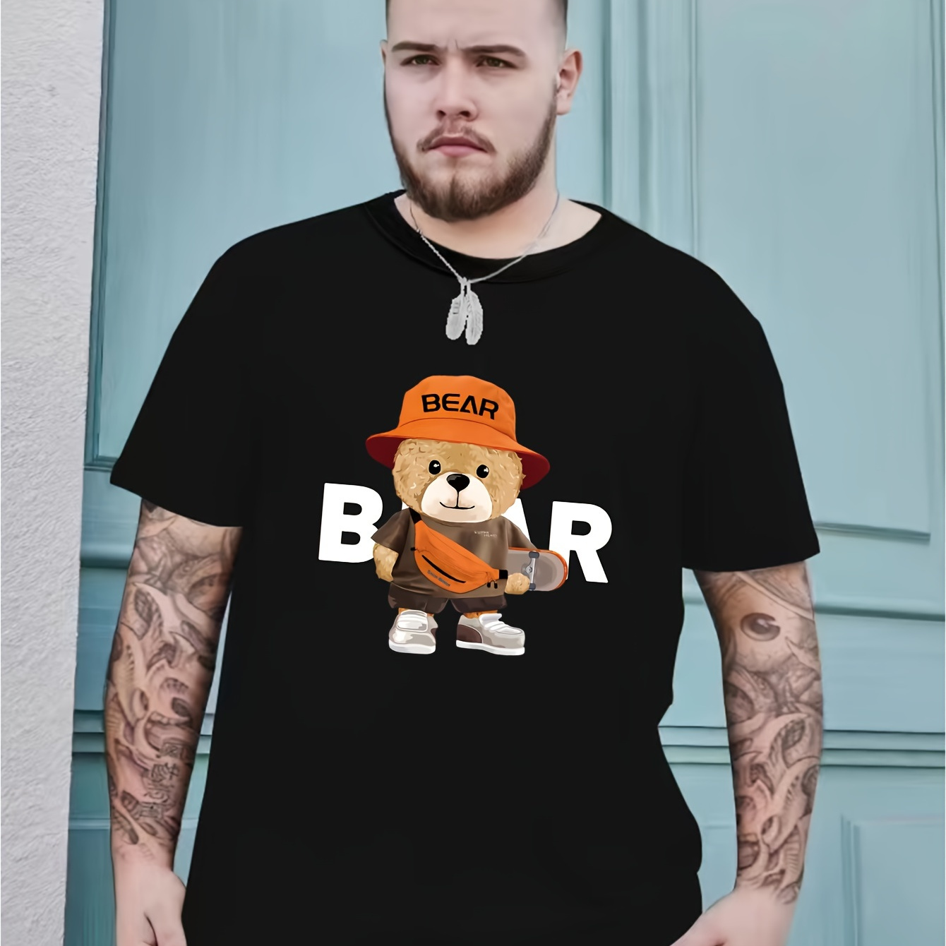 

Men's Stylish Casual T-shirt With Cute Bear Graphic Print, Summer Trendy Short Sleeve Tees Tops For Males, Men's Clothing, Plus Size