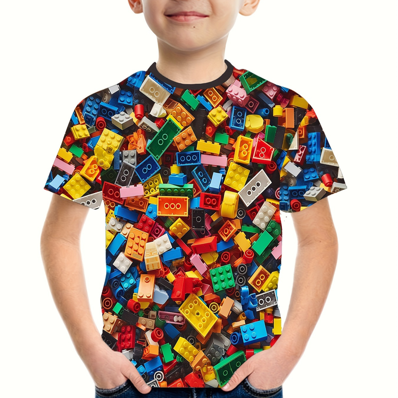 

Boys Colorful Building Blocks 3d Printed T-shirt, Casual Crew Neck Short Sleeve Top For Summer Spring Fall, Tops As Gifts