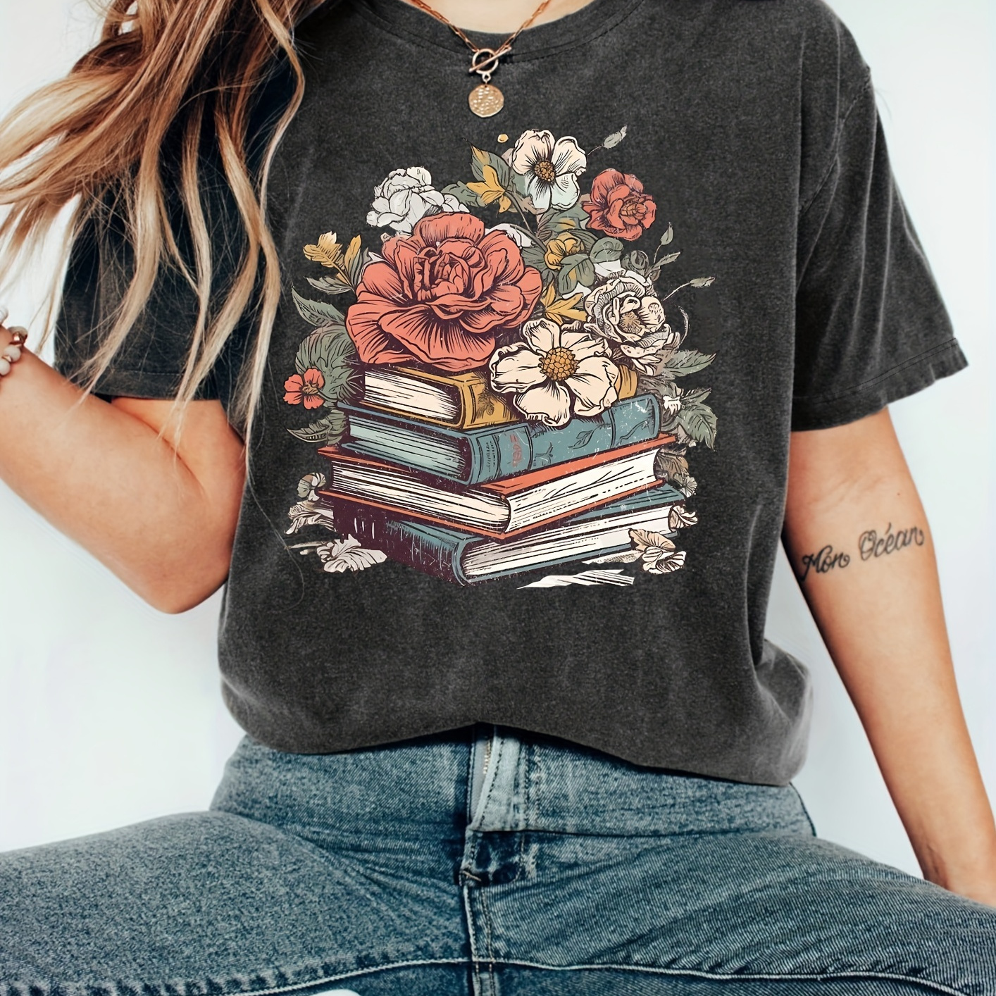 

Books & Flowers T-shirt, Crew Neck Short Sleeve Top For , Women's Clothing