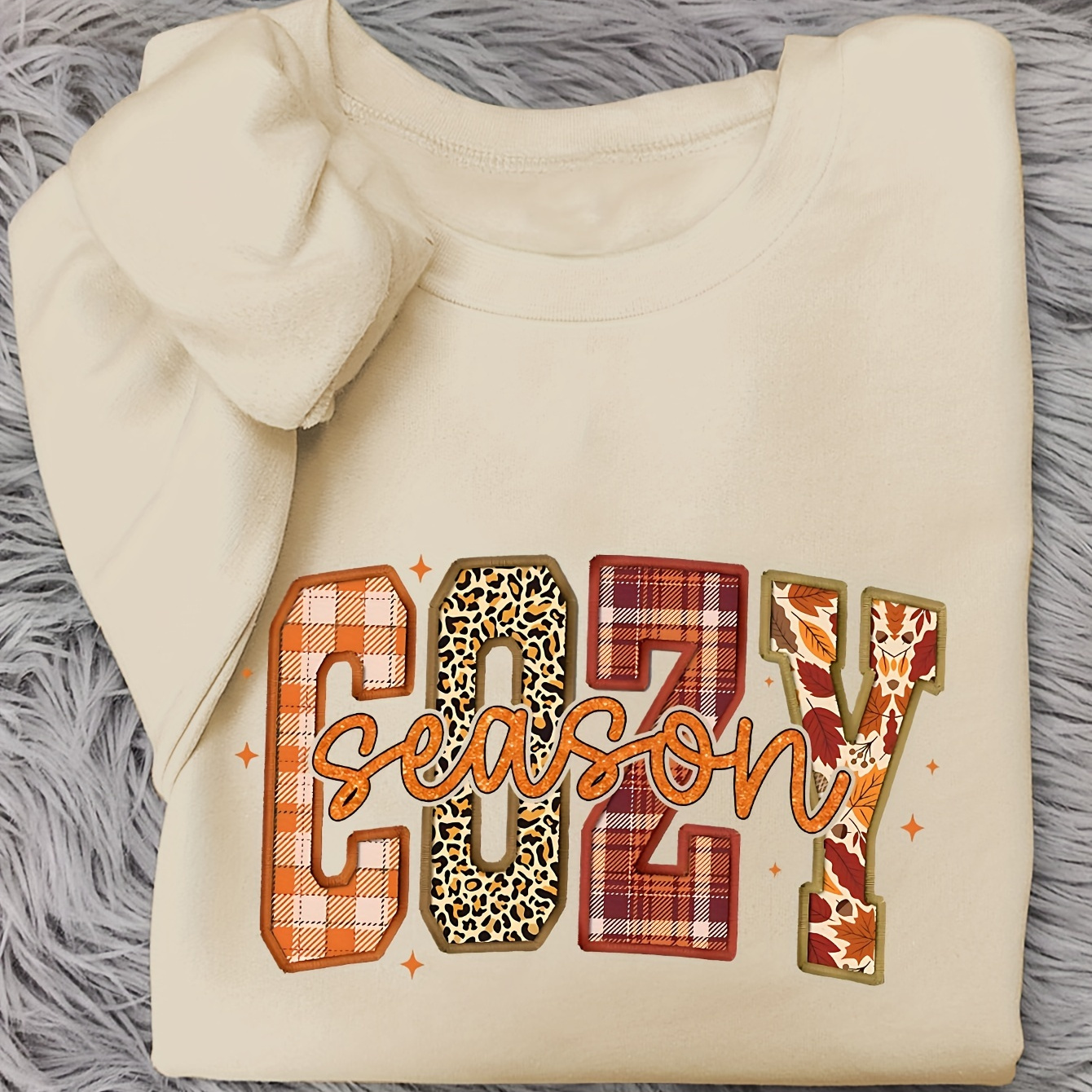 

Cozy Season Sweatshirt: Fall/ - Women's Fashion - Polyester Blend - Letter Print - Round Neck - Casual Style - Knit Fabric