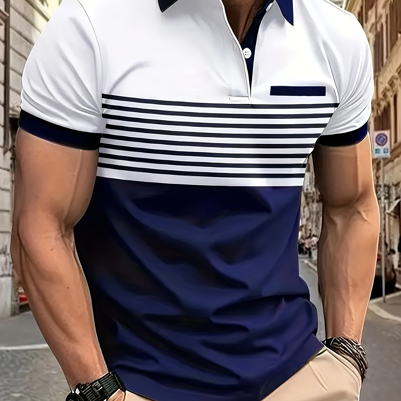 

Men's Color Block Stripe Graphic Print Golf Shirt, Casual Short Sleeve Shirt For Summer Outdoor