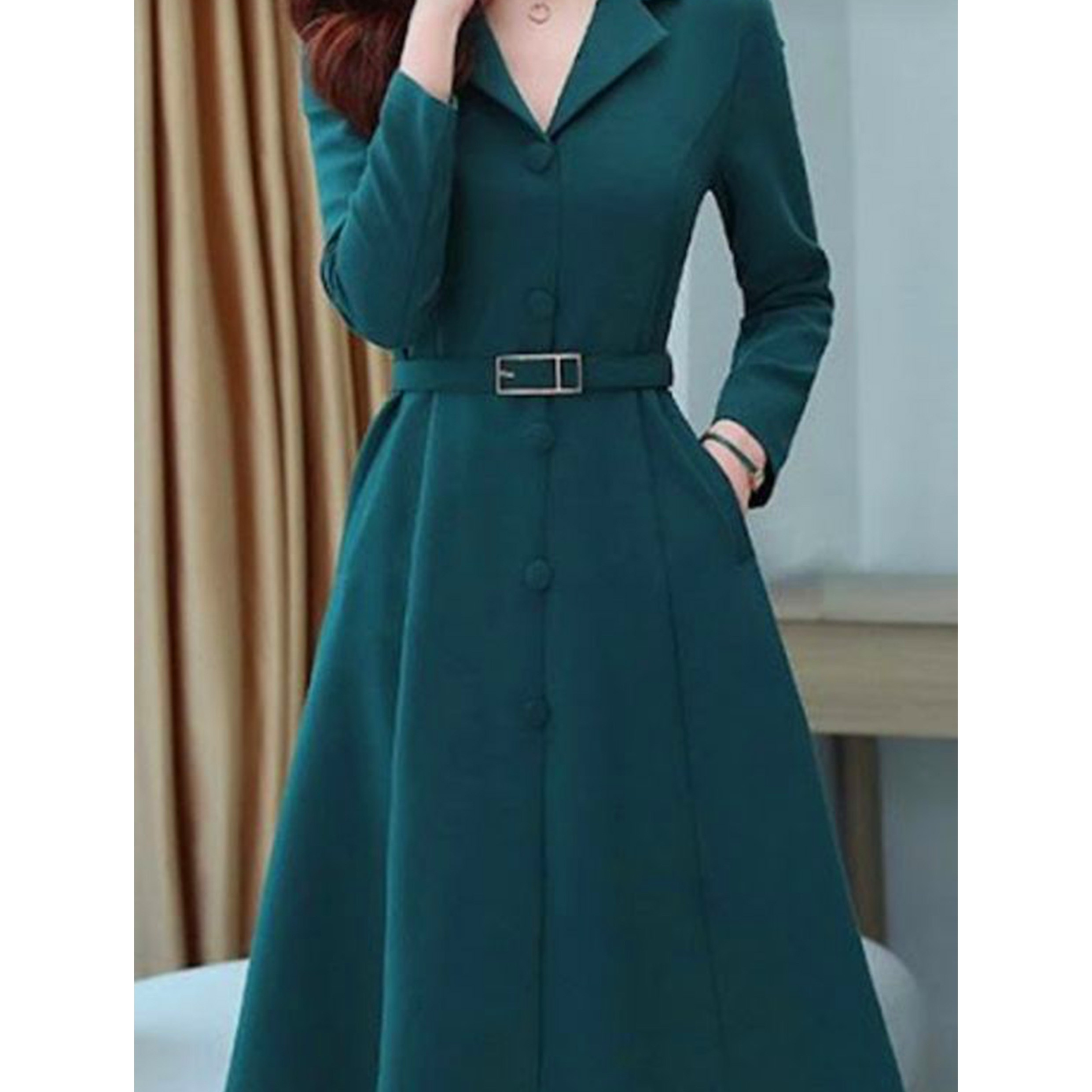 

1pc Elegant Polyester A-line Dress For Women With Belt, Solid Color, Notched Collar, Spring/autumn Season, Woven Fabric